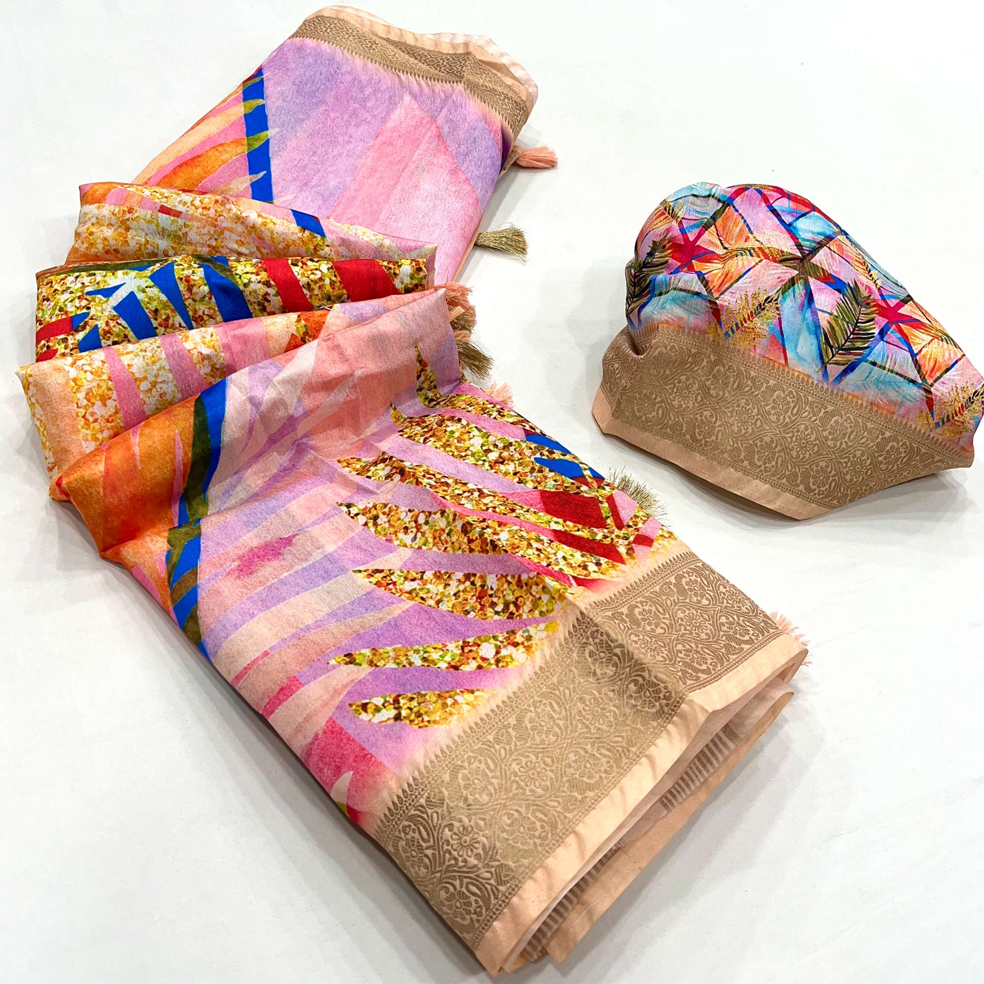 Peach Digital Printed Dola Silk Saree With Woven Border