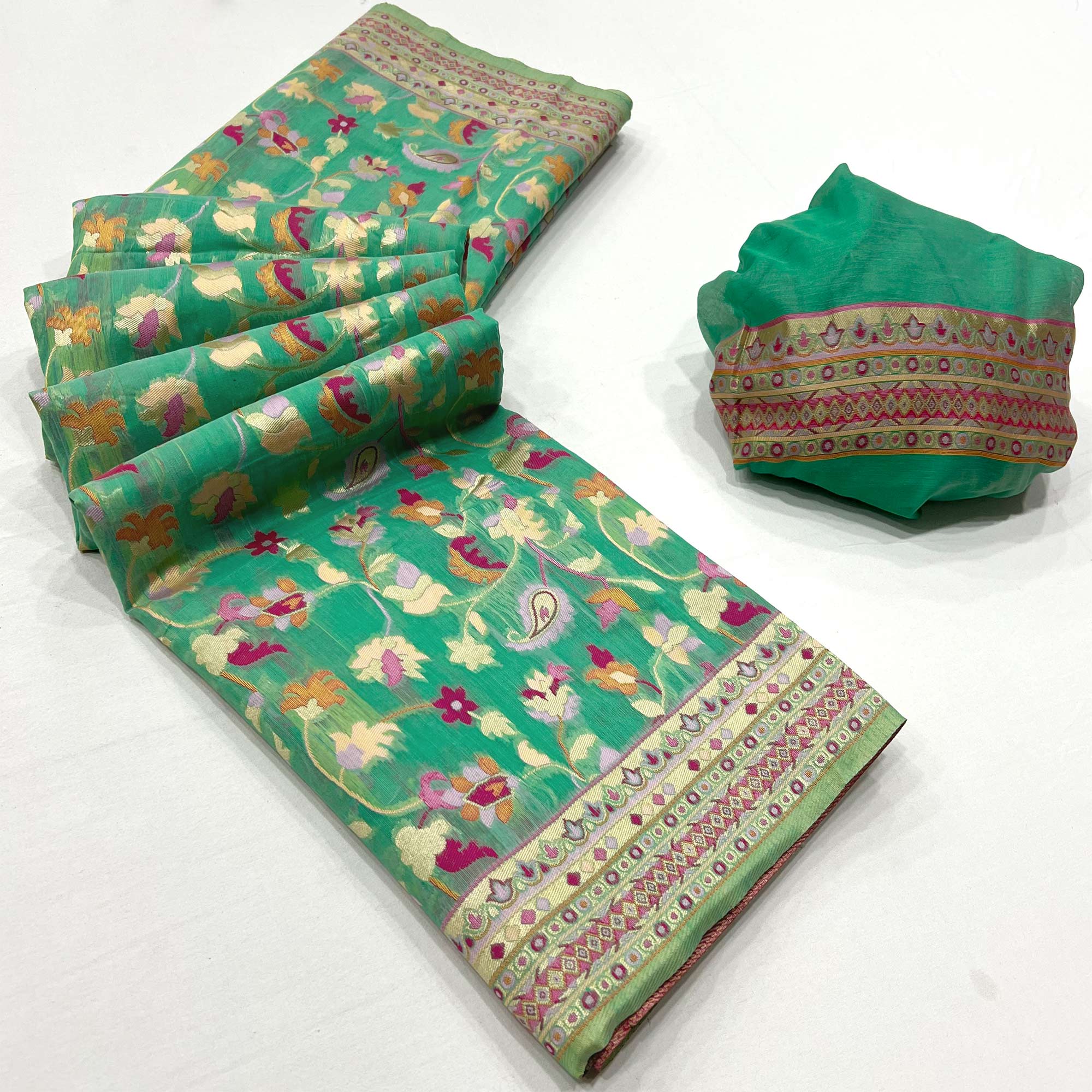 Rama Green Floral Woven Cotton Blend Saree