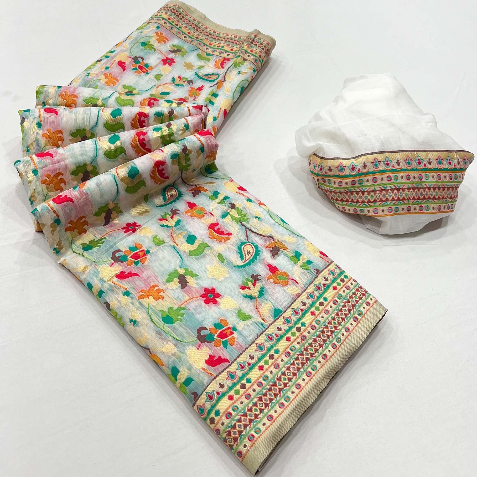 White Floral Woven Cotton Blend Saree