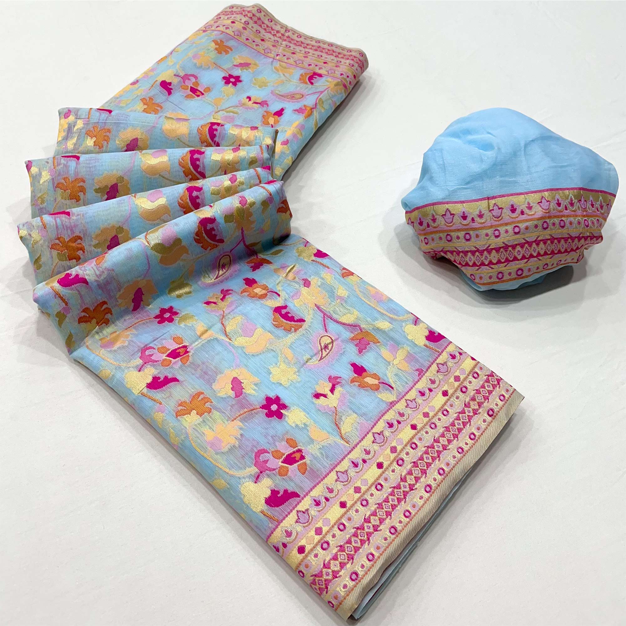 Sky Blue Floral Woven Cotton Blend Saree