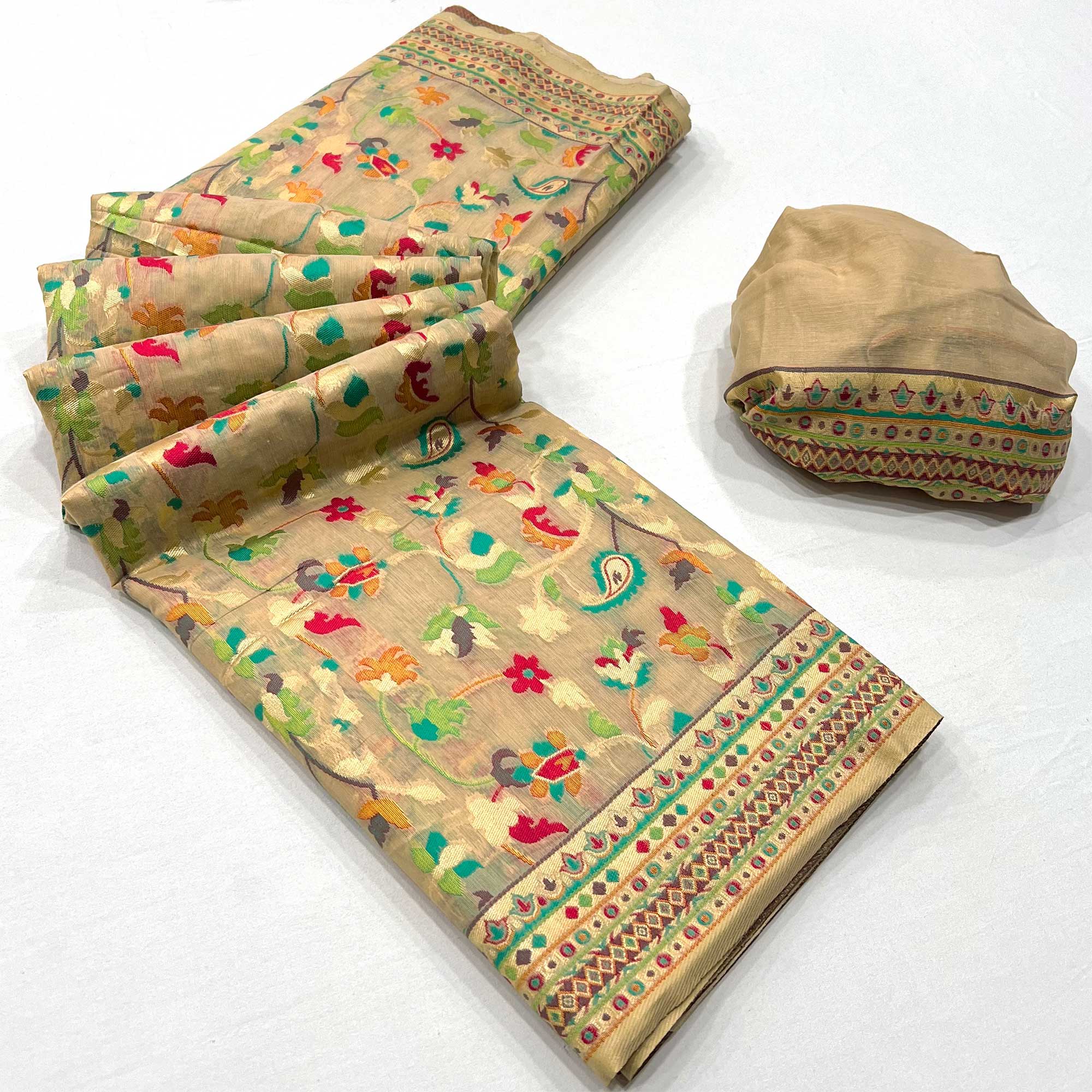 Chikoo Floral Woven Cotton Blend Saree