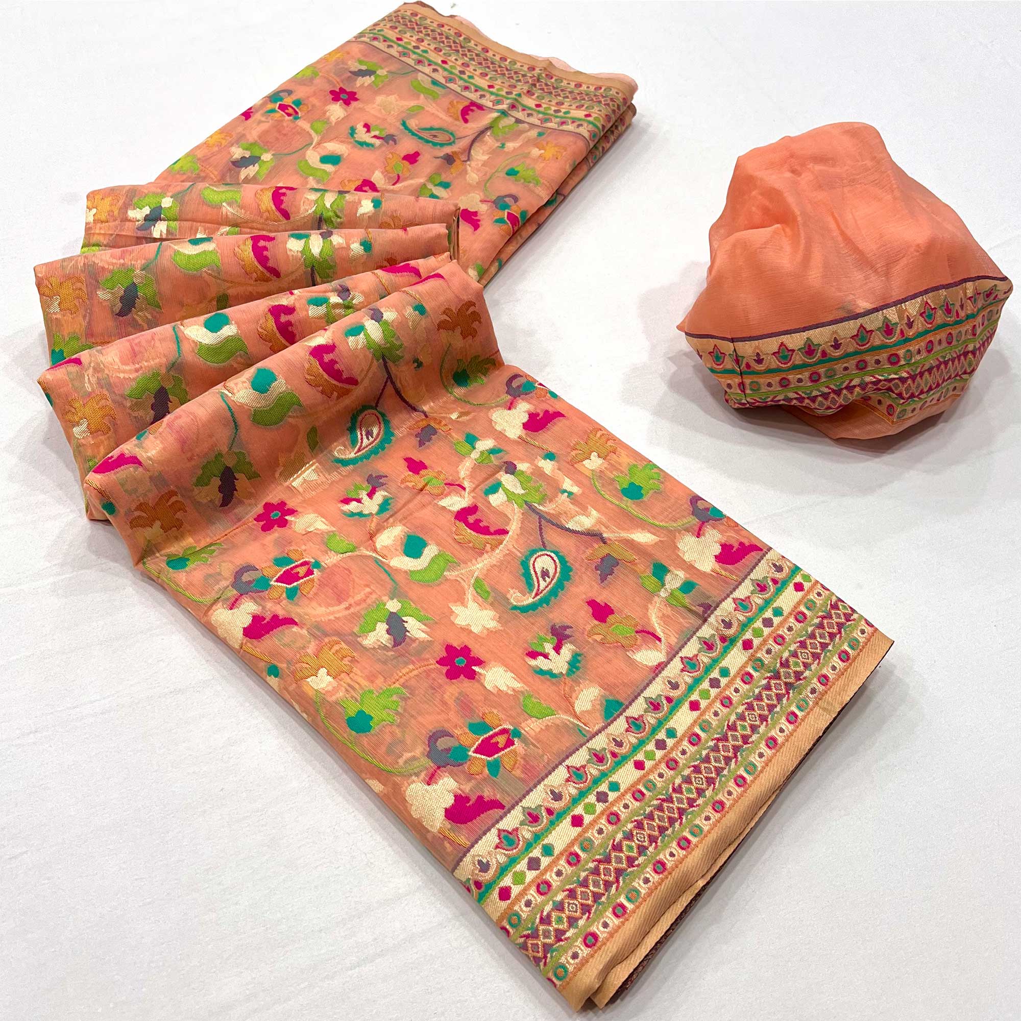 Peach Floral Woven Cotton Blend Saree