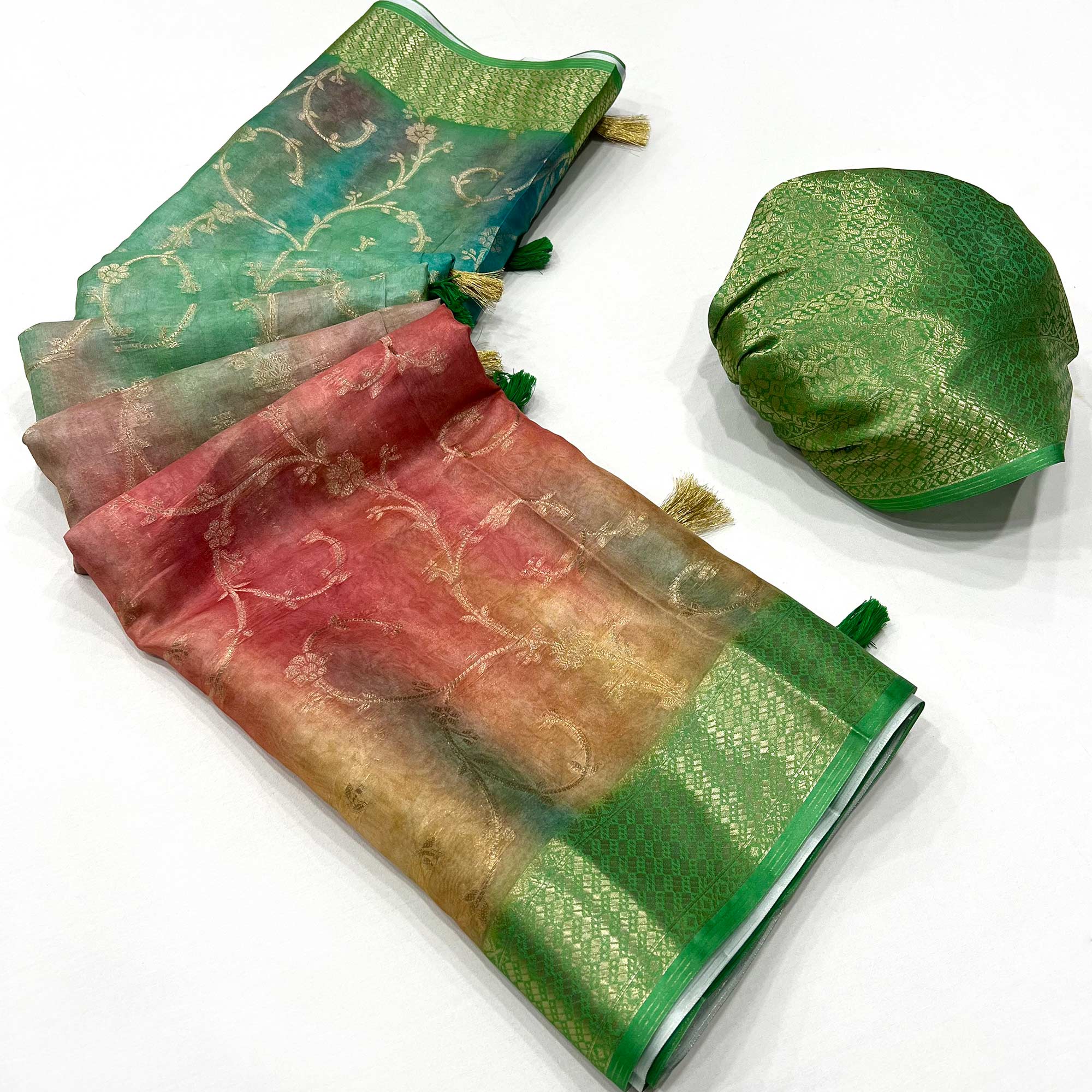 Green Floral Woven With Digital Printed Georgette Saree