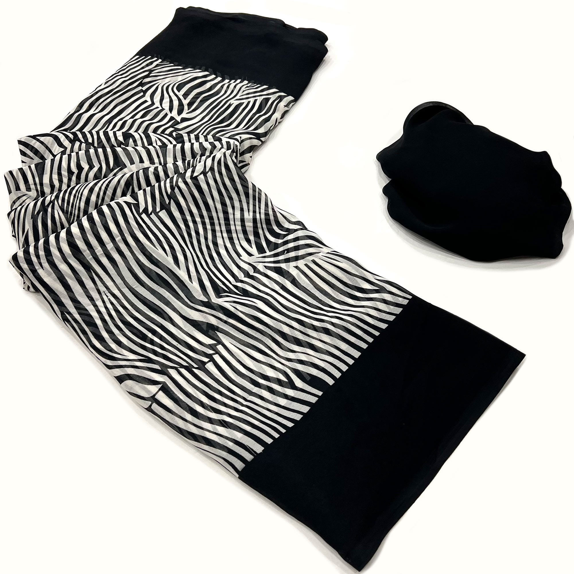 Black & White Striped Printed Georgette Saree