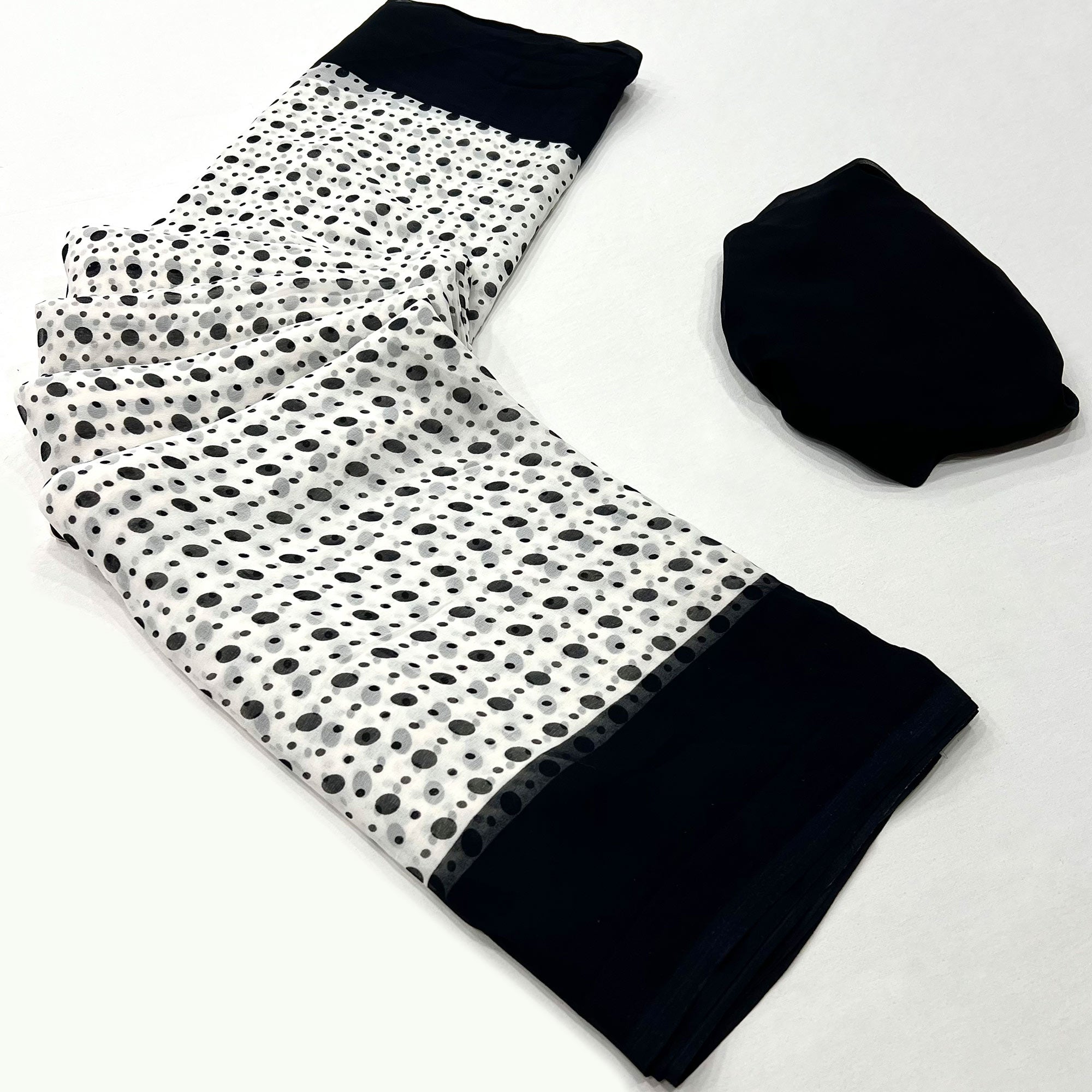 White & Black Polka Dot Printed Georgette Saree