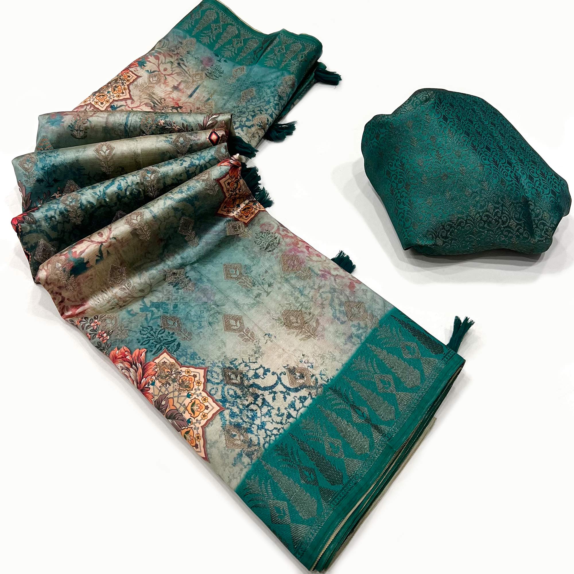 Teal Woven With Digital Printed Art Silk Saree