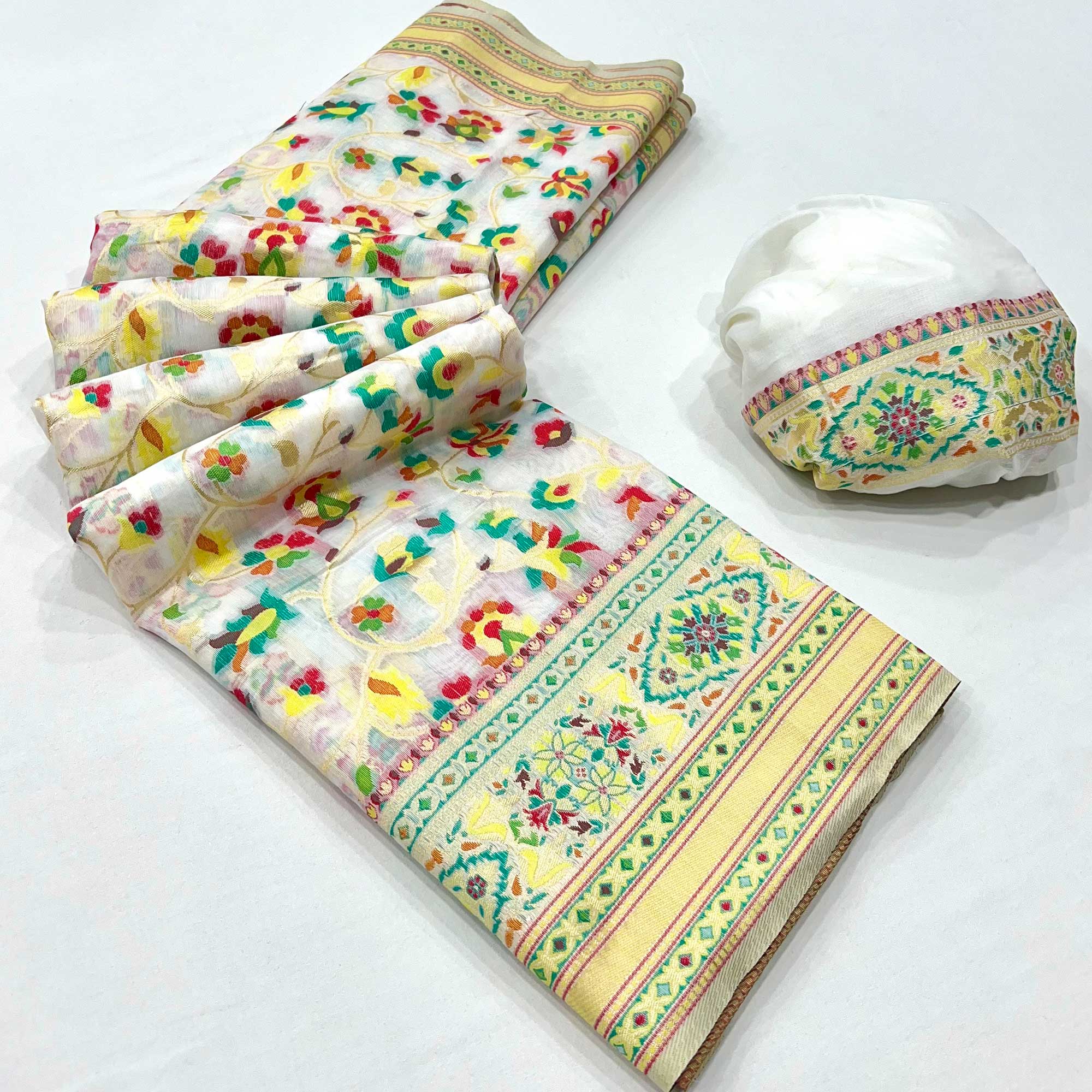 White Floral Woven Cotton Blend Saree