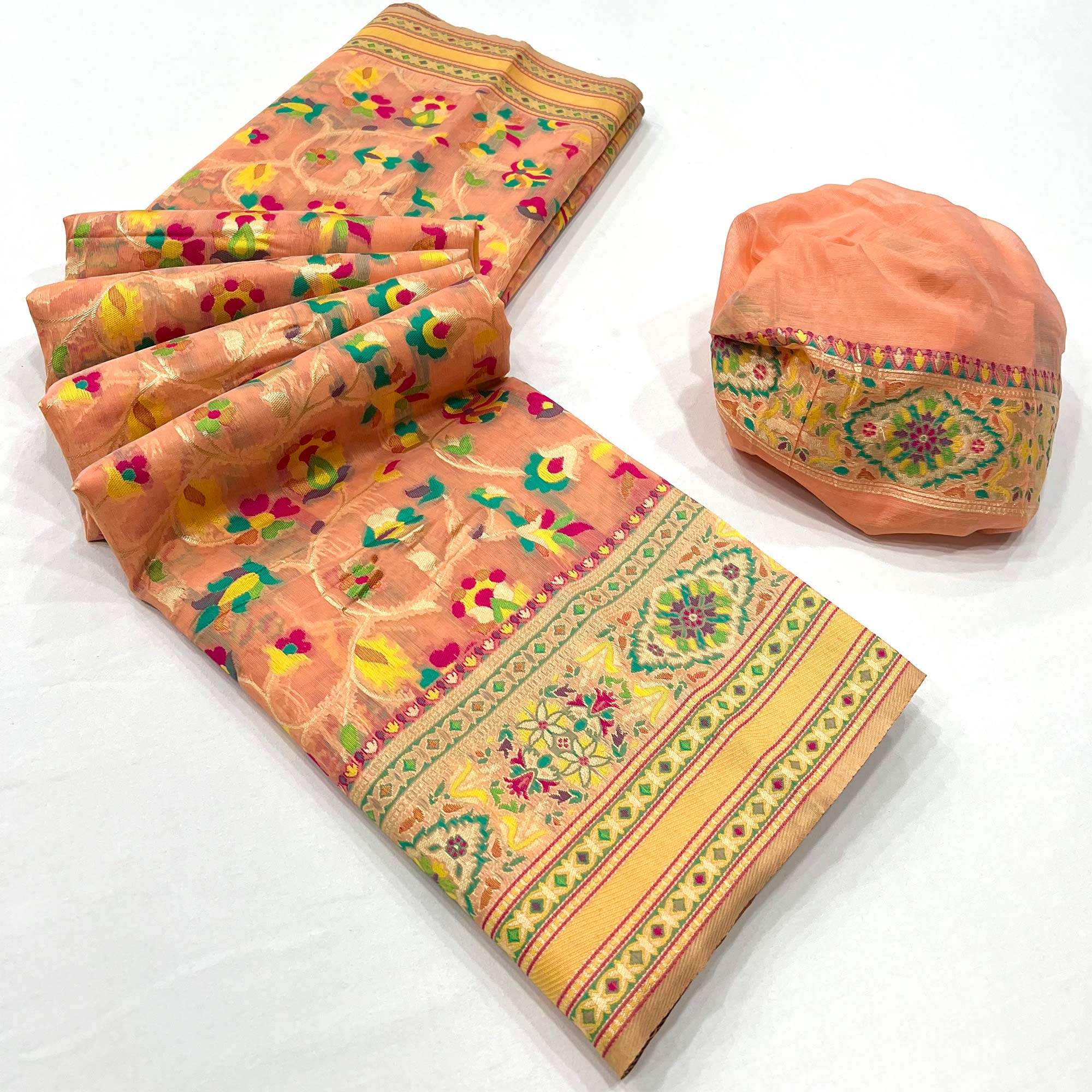 Peach Floral Woven Cotton Blend Saree