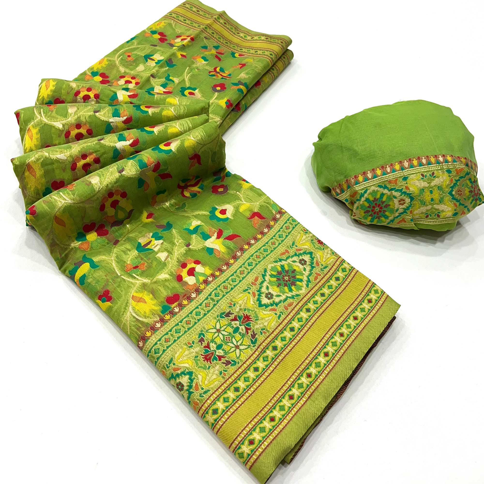 Green Floral Woven Cotton Blend Saree