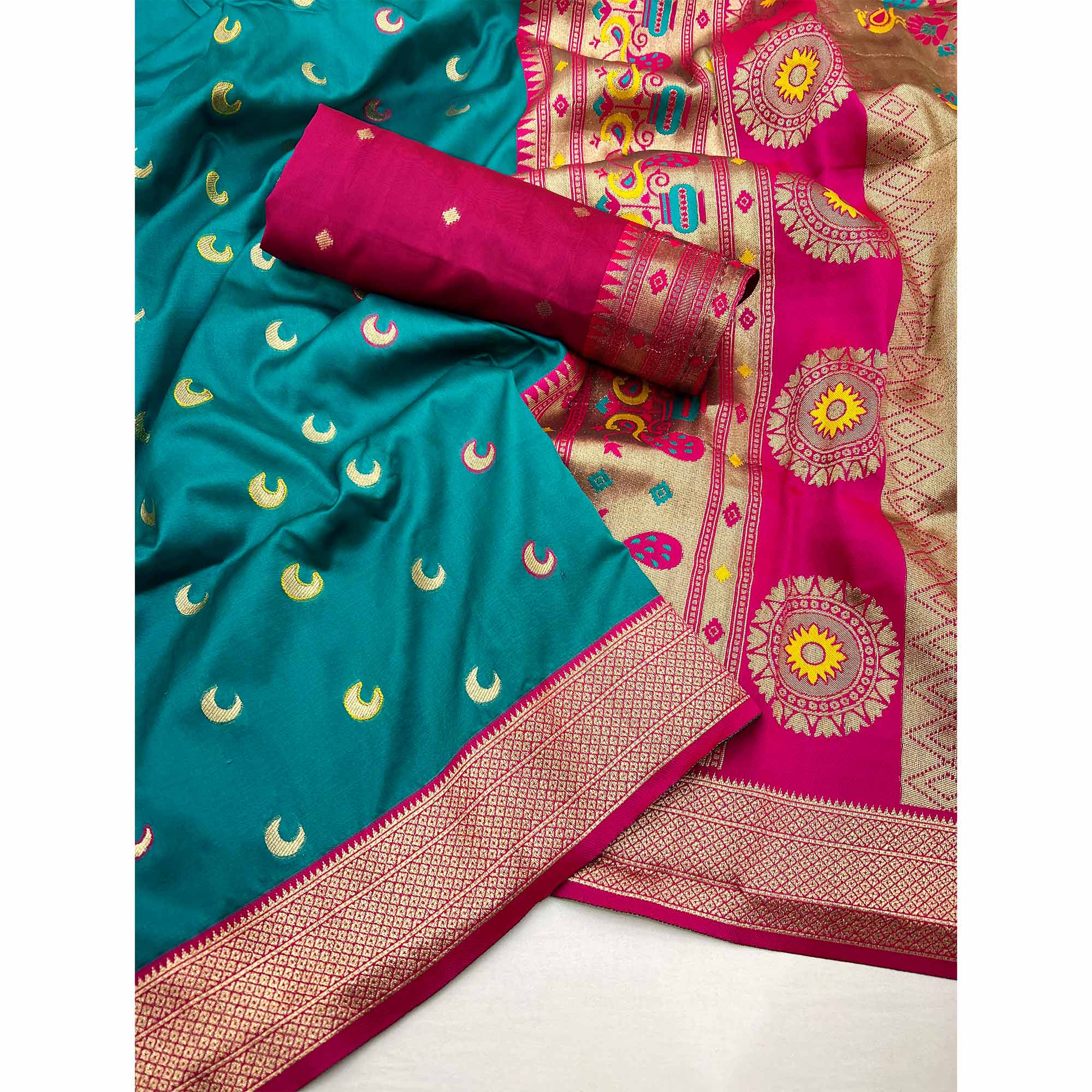 Rama Blue Woven Pure Silk Paithani Saree