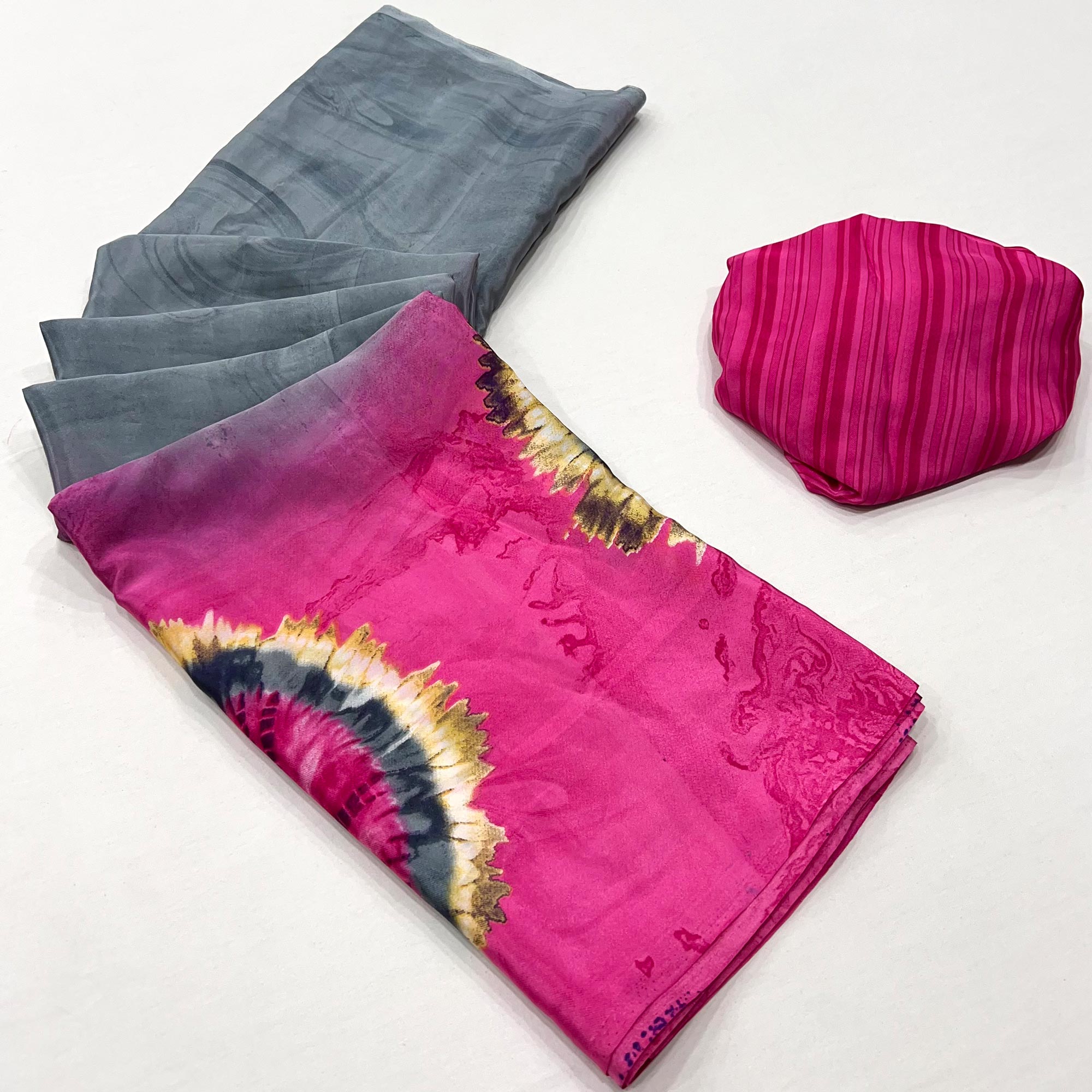 Grey & Pink Printed Crepe Silk Saree