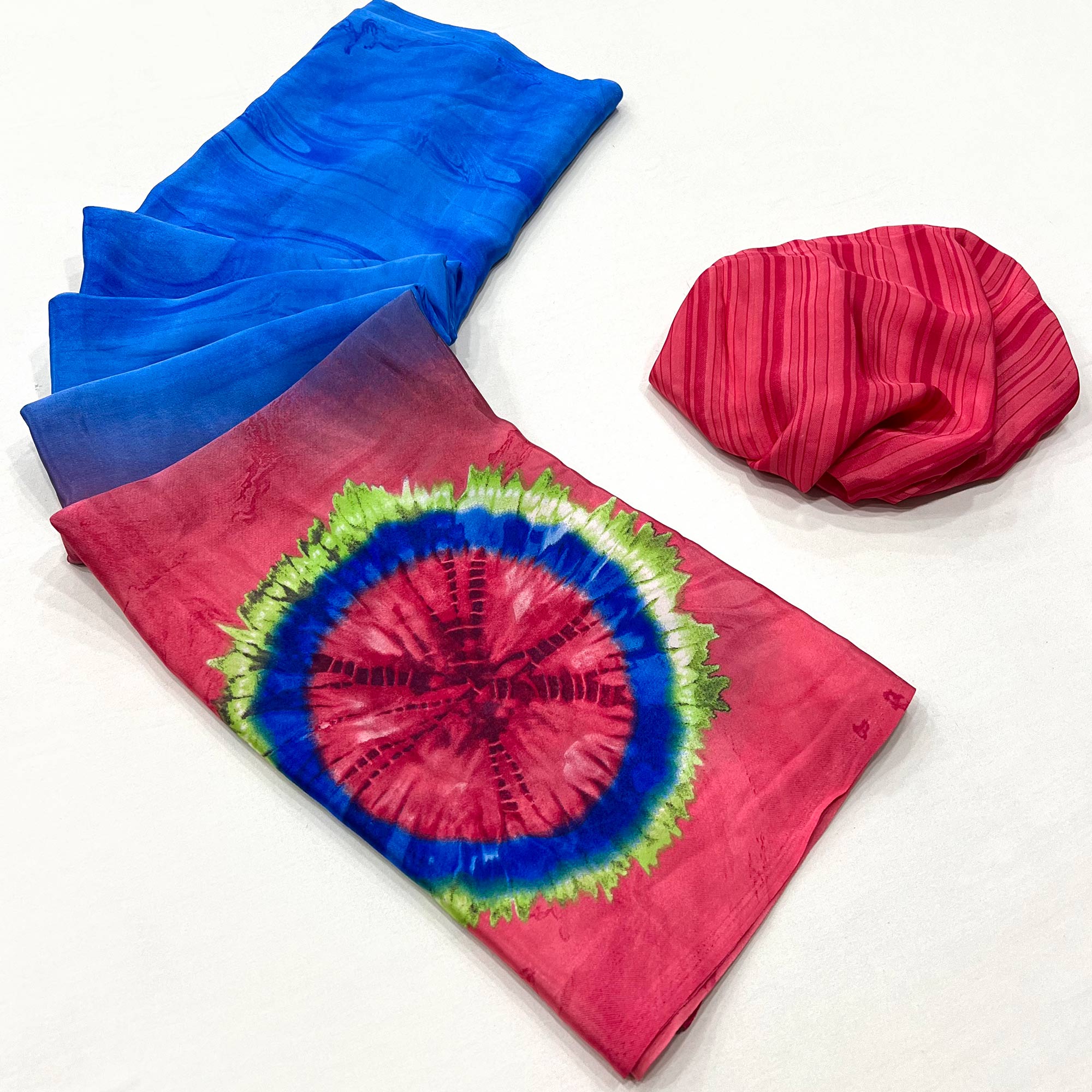 Blue & Pink Printed Crepe Silk Saree