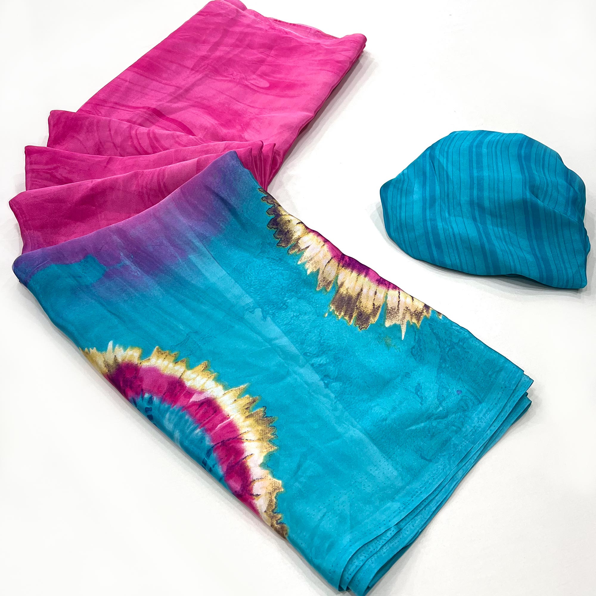 Turquoise & Pink Printed Crepe Silk Saree