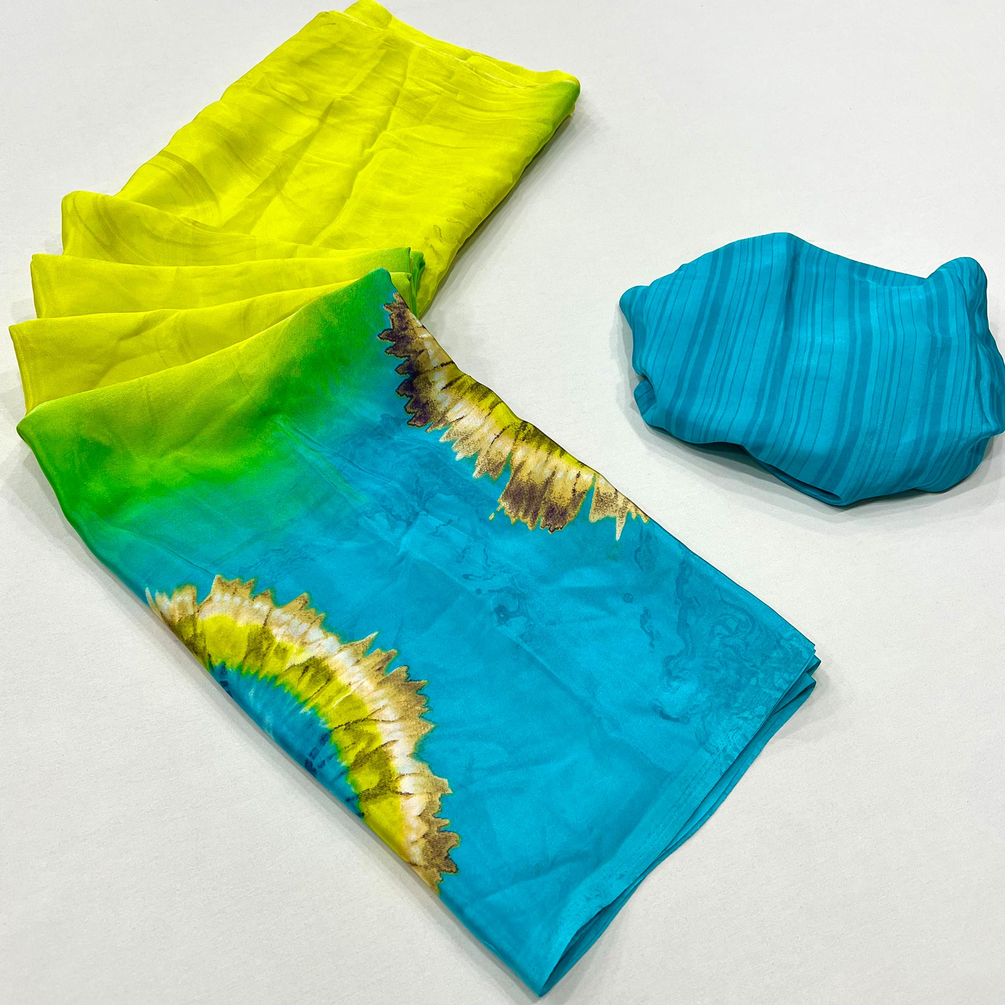 Green & Turquoise Printed Crepe Silk Saree