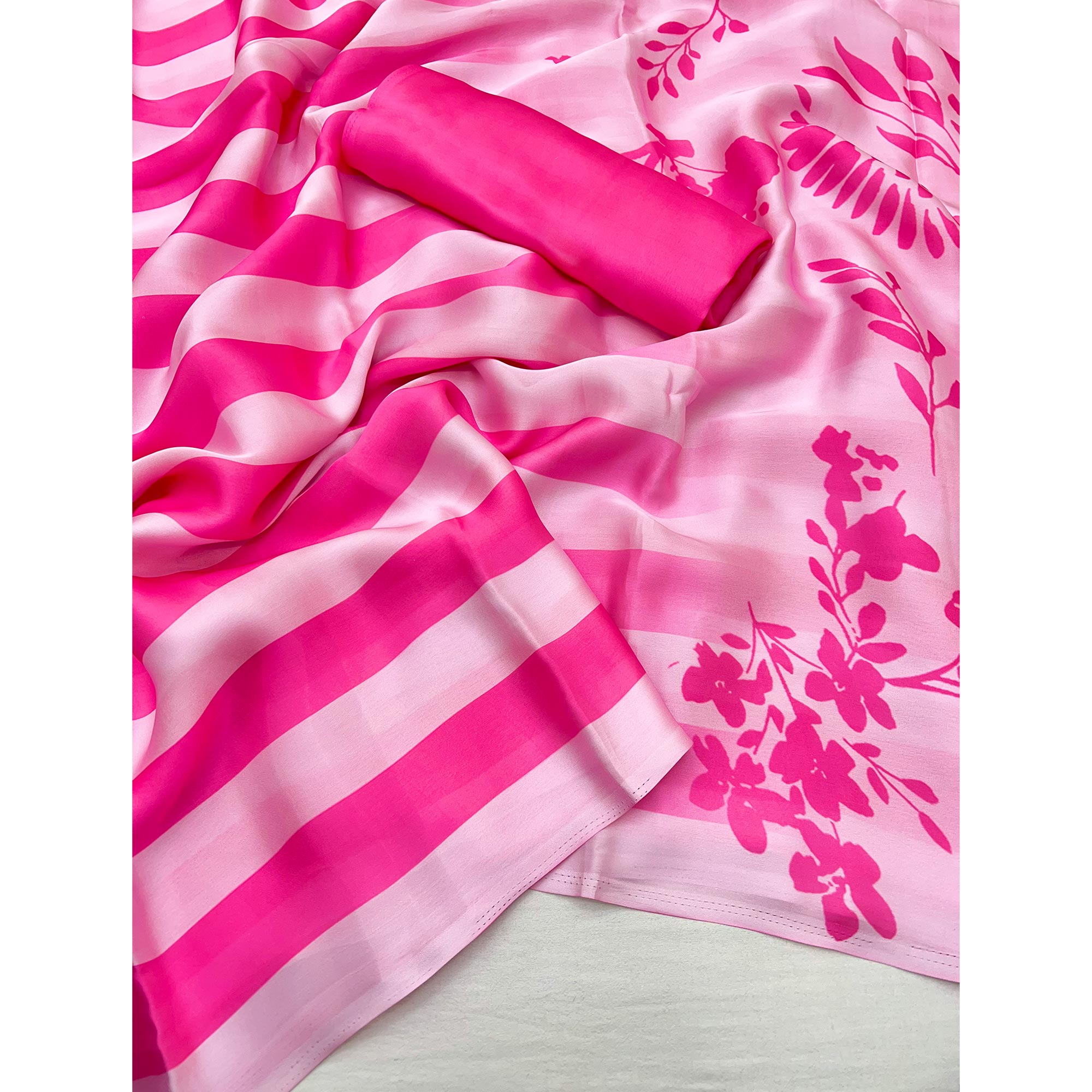 Pink Striped Digital Printed Georgette Saree