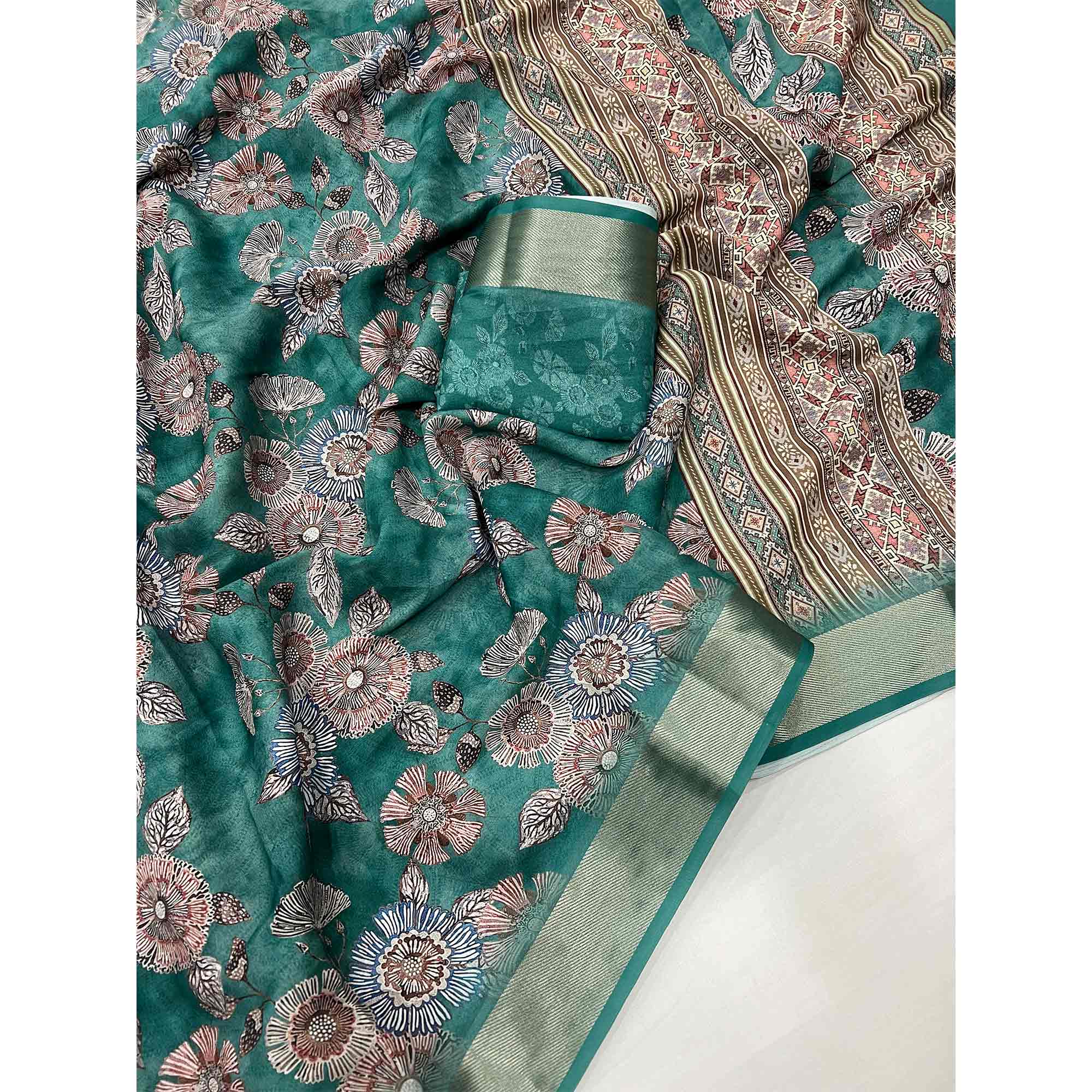 Rama Green Floral Digital Printed Moss Georgette Saree With Zari Border