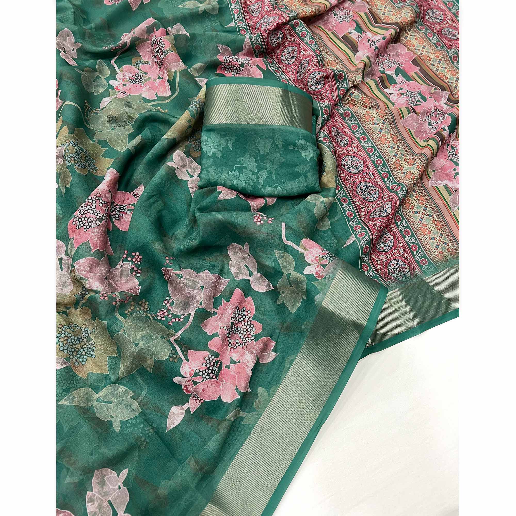 Rama Green Floral Digital Printed Moss Georgette Saree With Zari Border