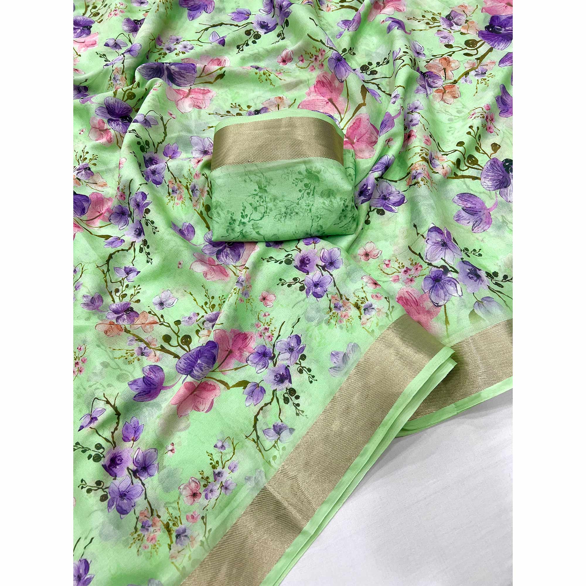 Green Floral Digital Printed Moss Georgette Saree With Zari Border