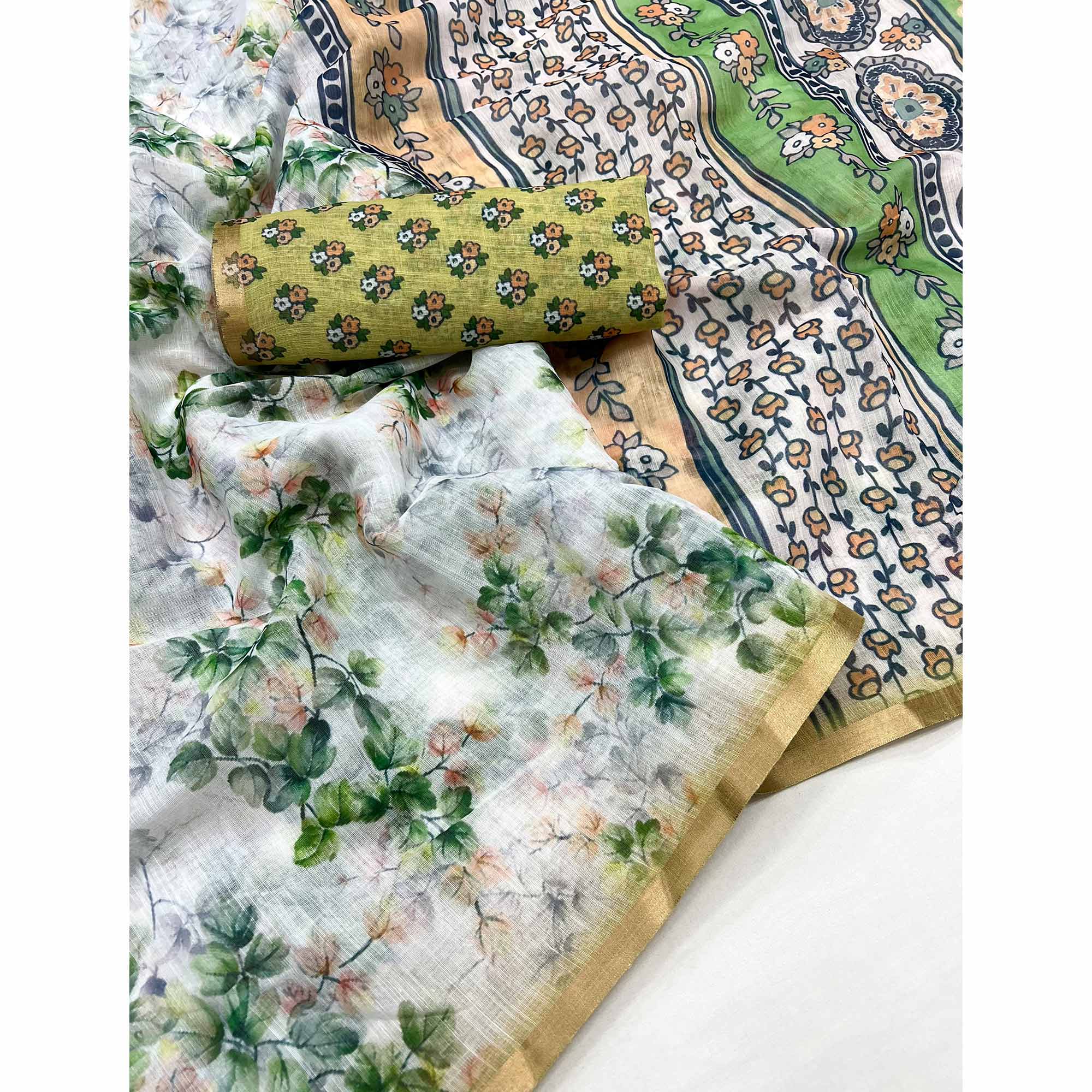 White & Green Floral Digital Printed Linen Saree With Zari Border