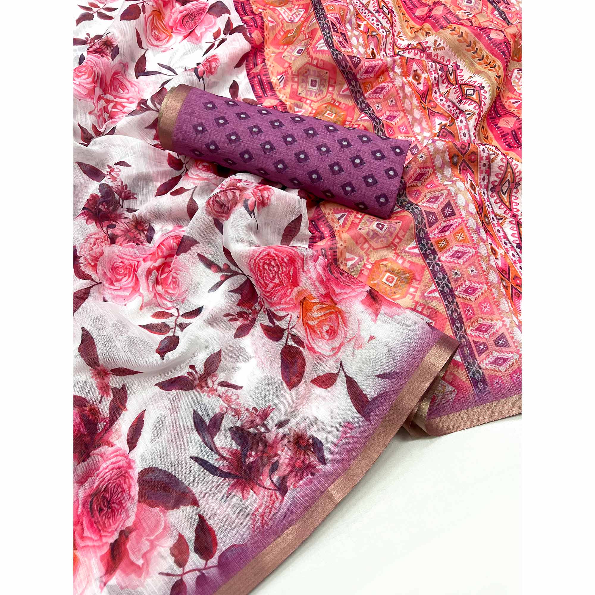 White & Pink Floral Digital Printed Linen Saree With Zari Border