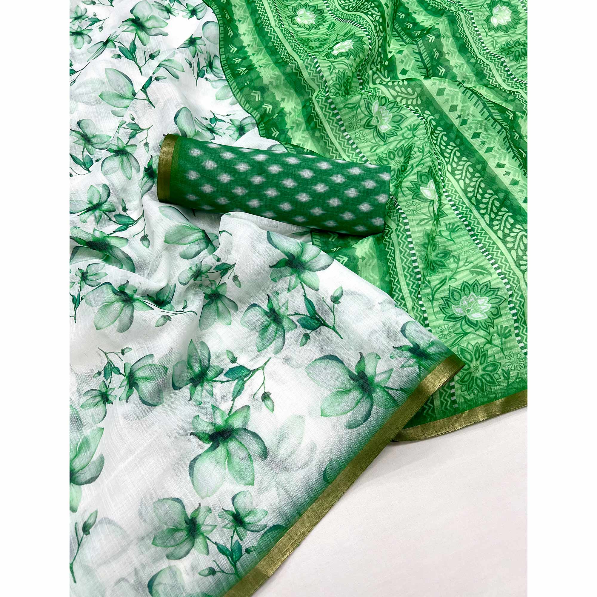 White & Green Floral Digital Printed Linen Saree With Zari Border