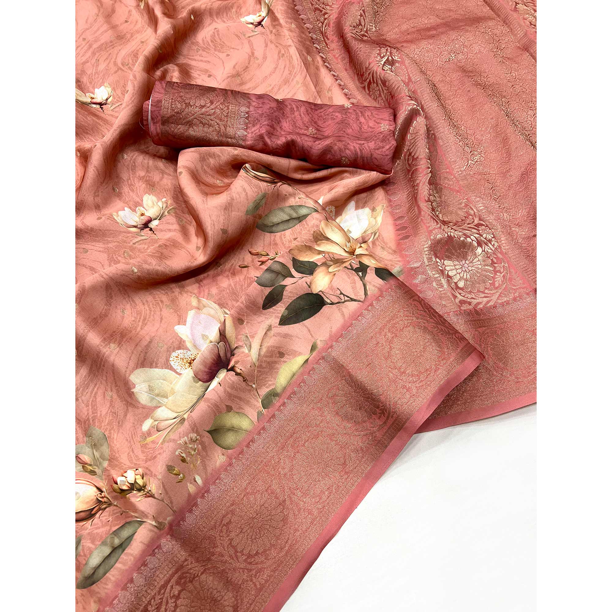 Peach Floral Woven With Digital Printed Satin Saree
