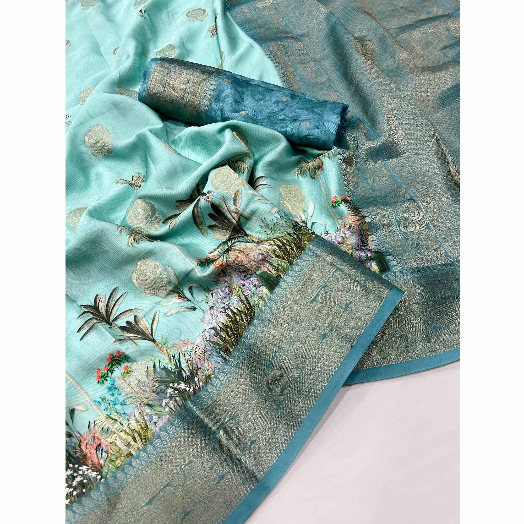 Turquoise Floral Woven With Digital Printed Satin Saree