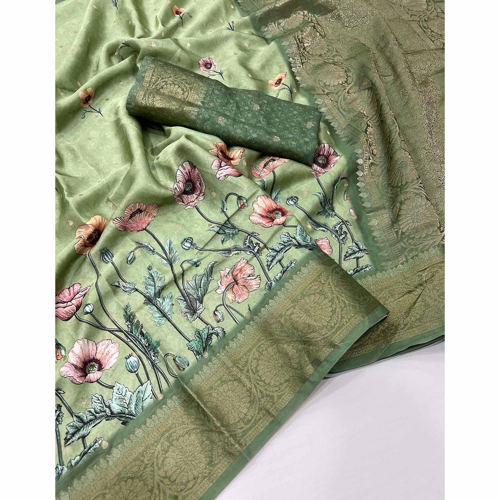 Green Floral Woven With Digital Printed Satin Saree