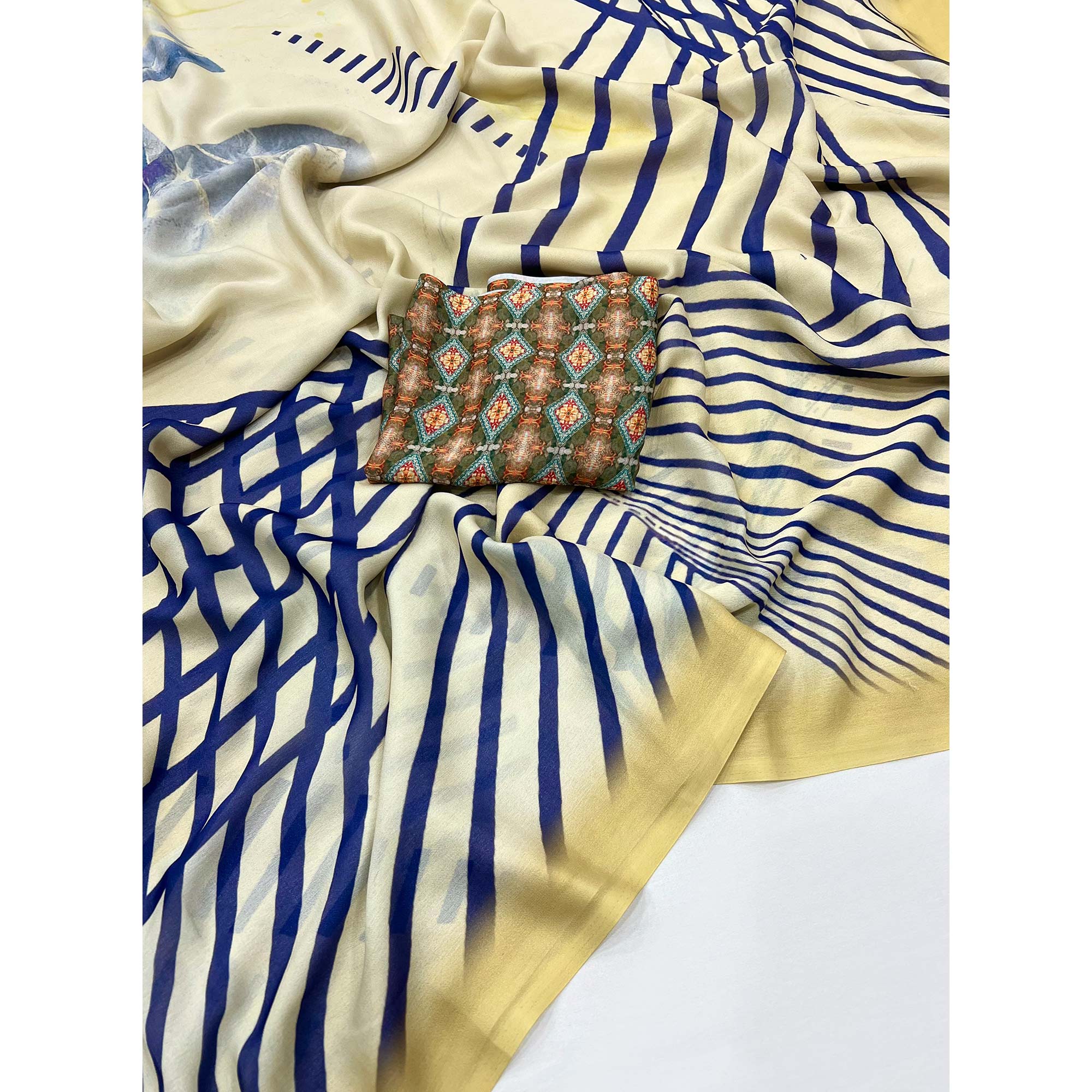 Light Yellow Digital Printed Georgette Saree