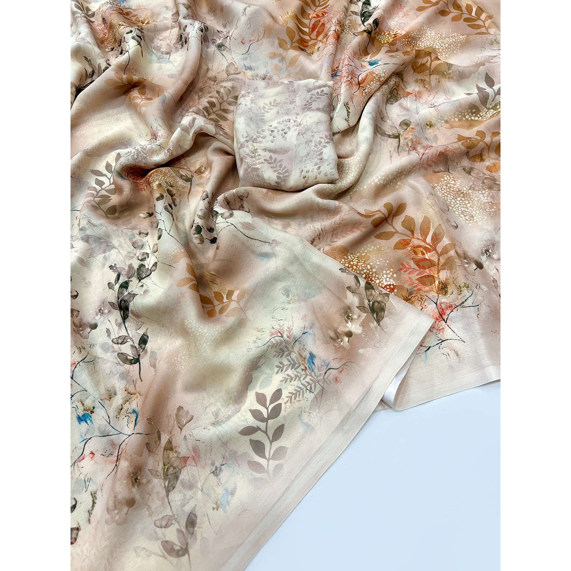 Beige Floral Digital Printed Georgette Saree