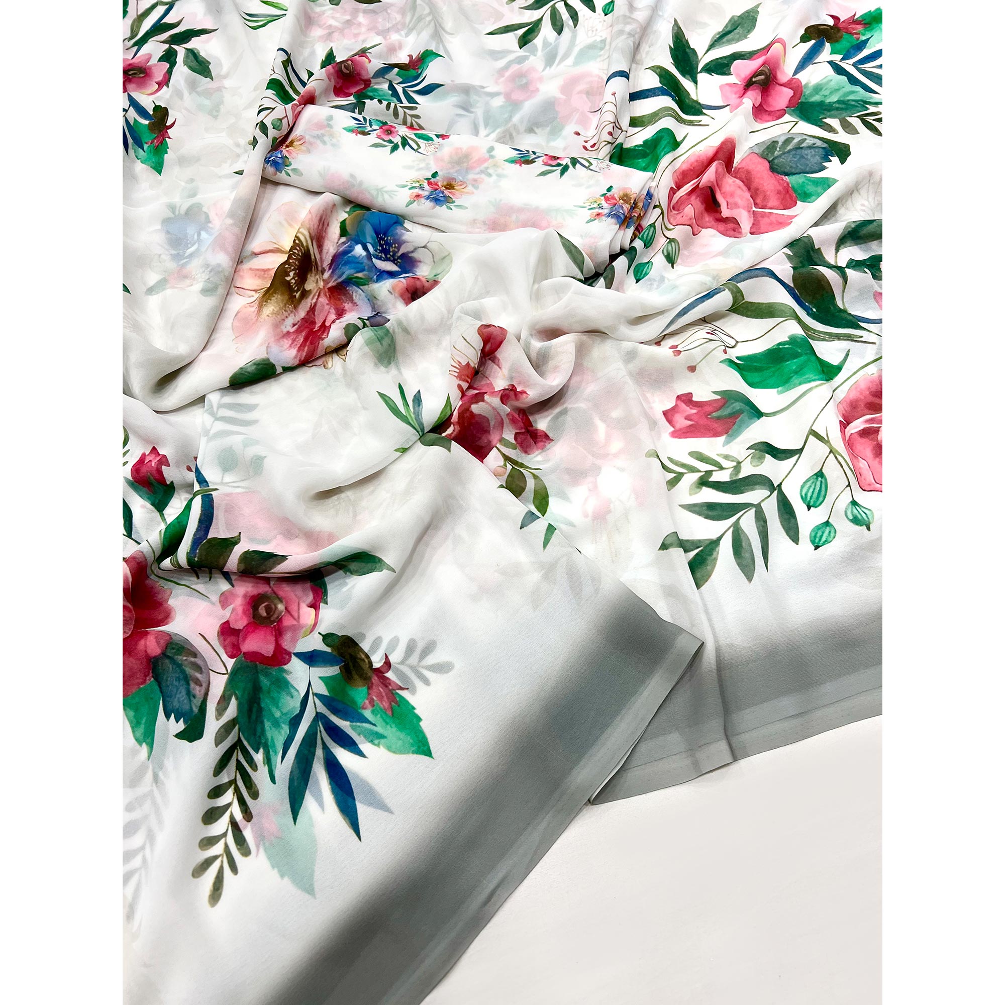 White Floral Digital Printed Georgette Saree