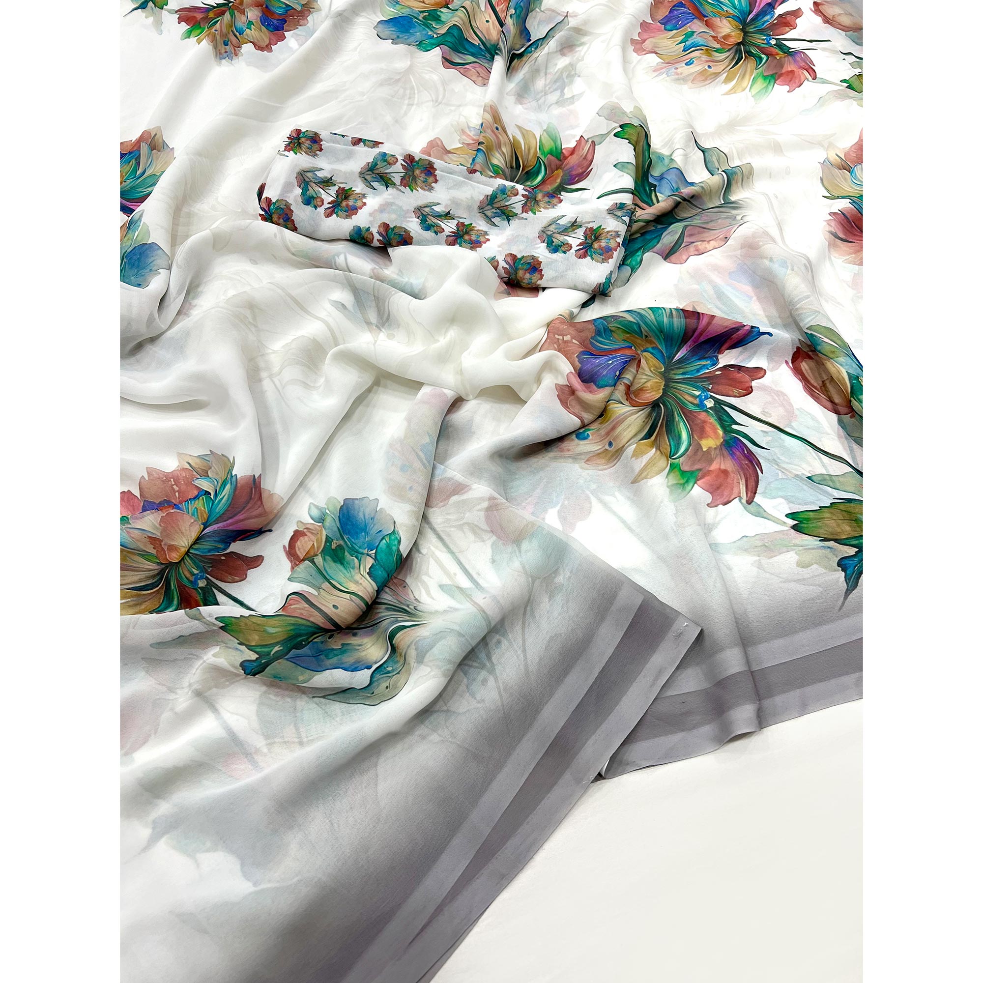 White Floral Digital Printed Georgette Saree