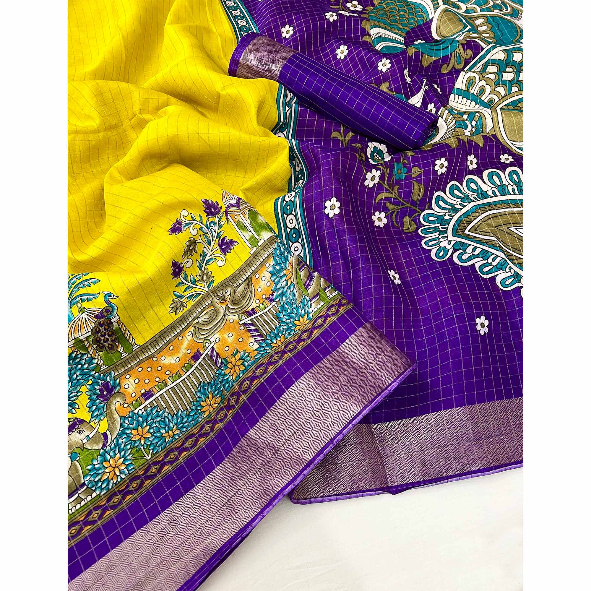 Yellow Checkes Zari Woven With Floral Printed Dola Silk Saree