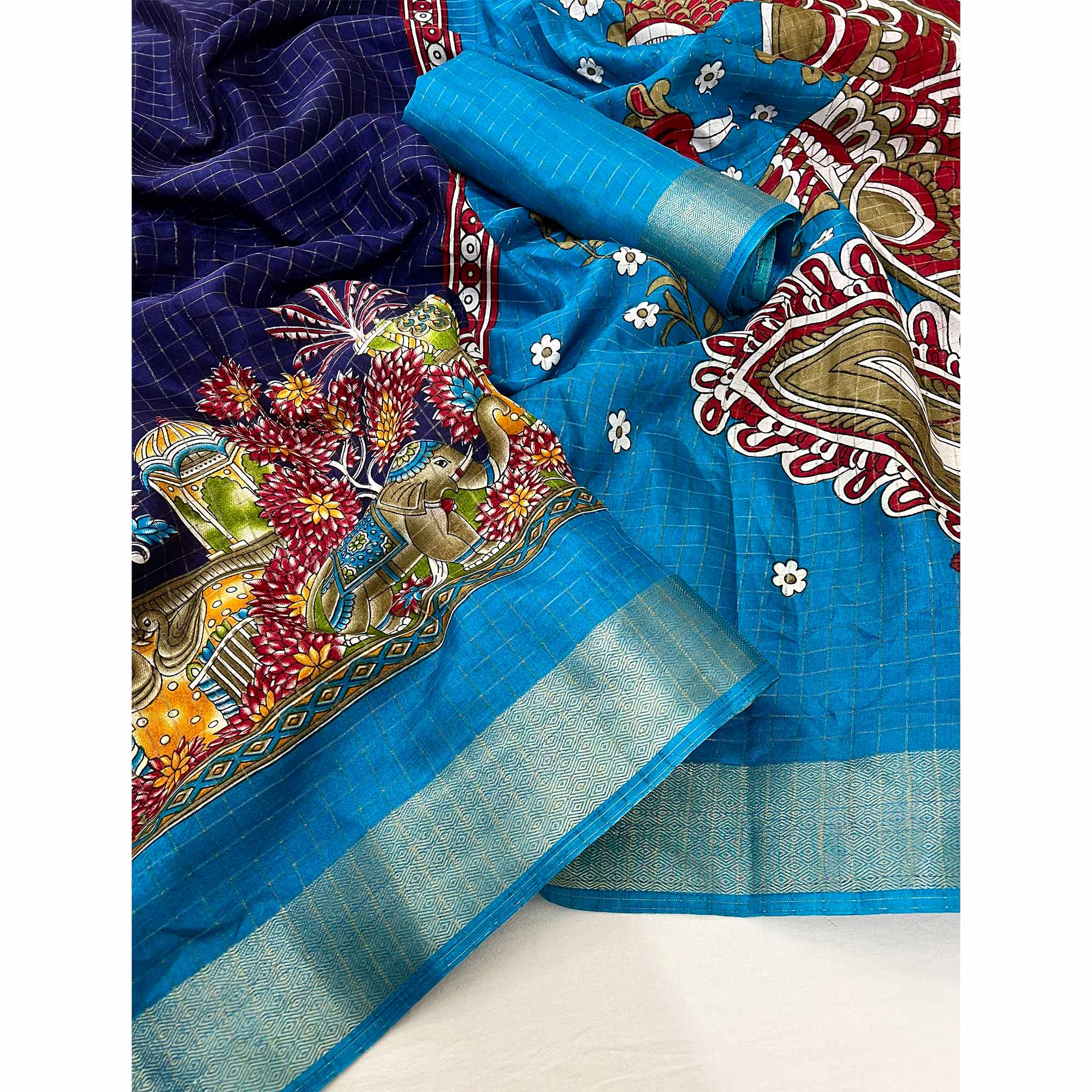 Navy Blue Checkes Zari Woven With Floral Printed Dola Silk Saree