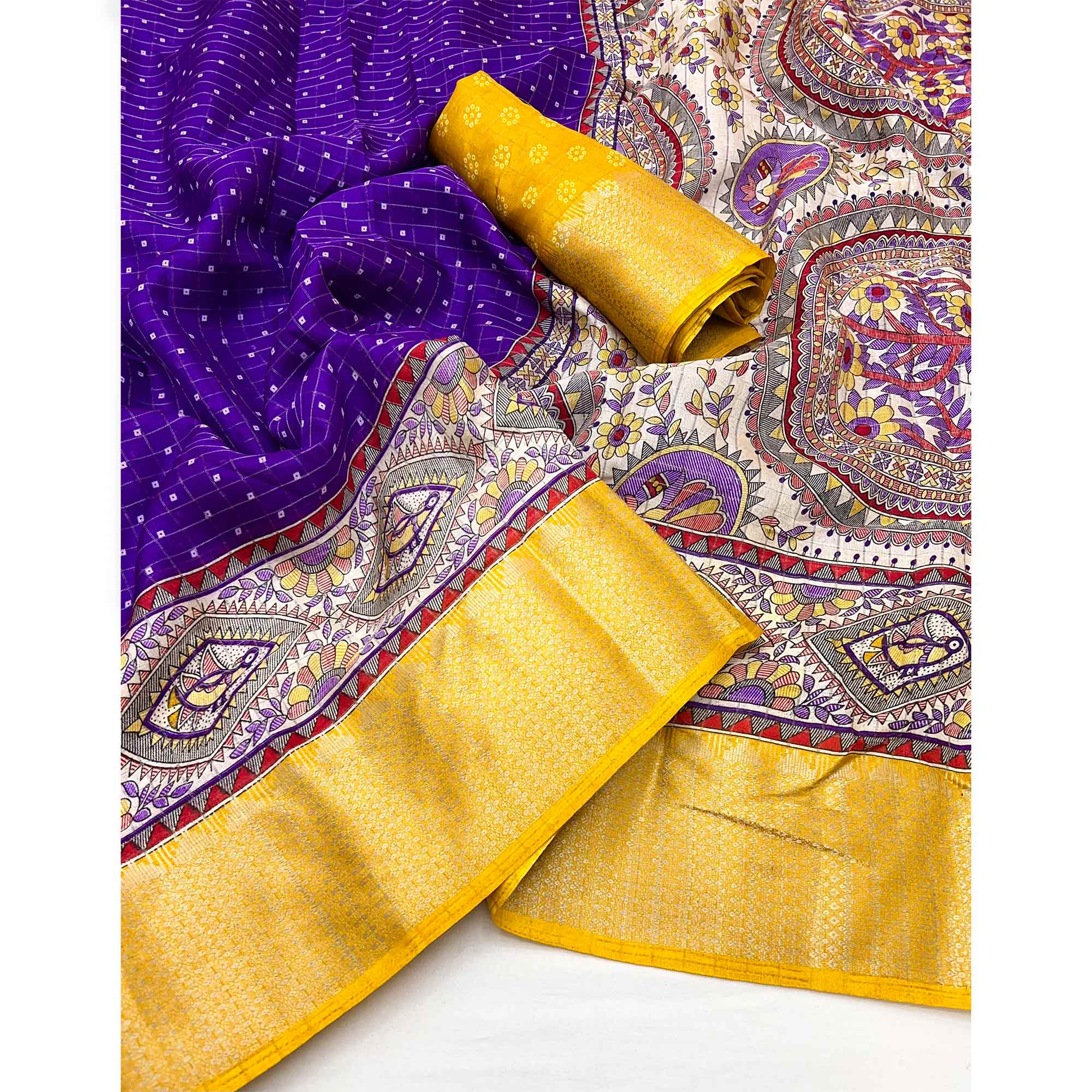 Violet Checkes Zari Woven With Floral Printed Dola Silk Saree