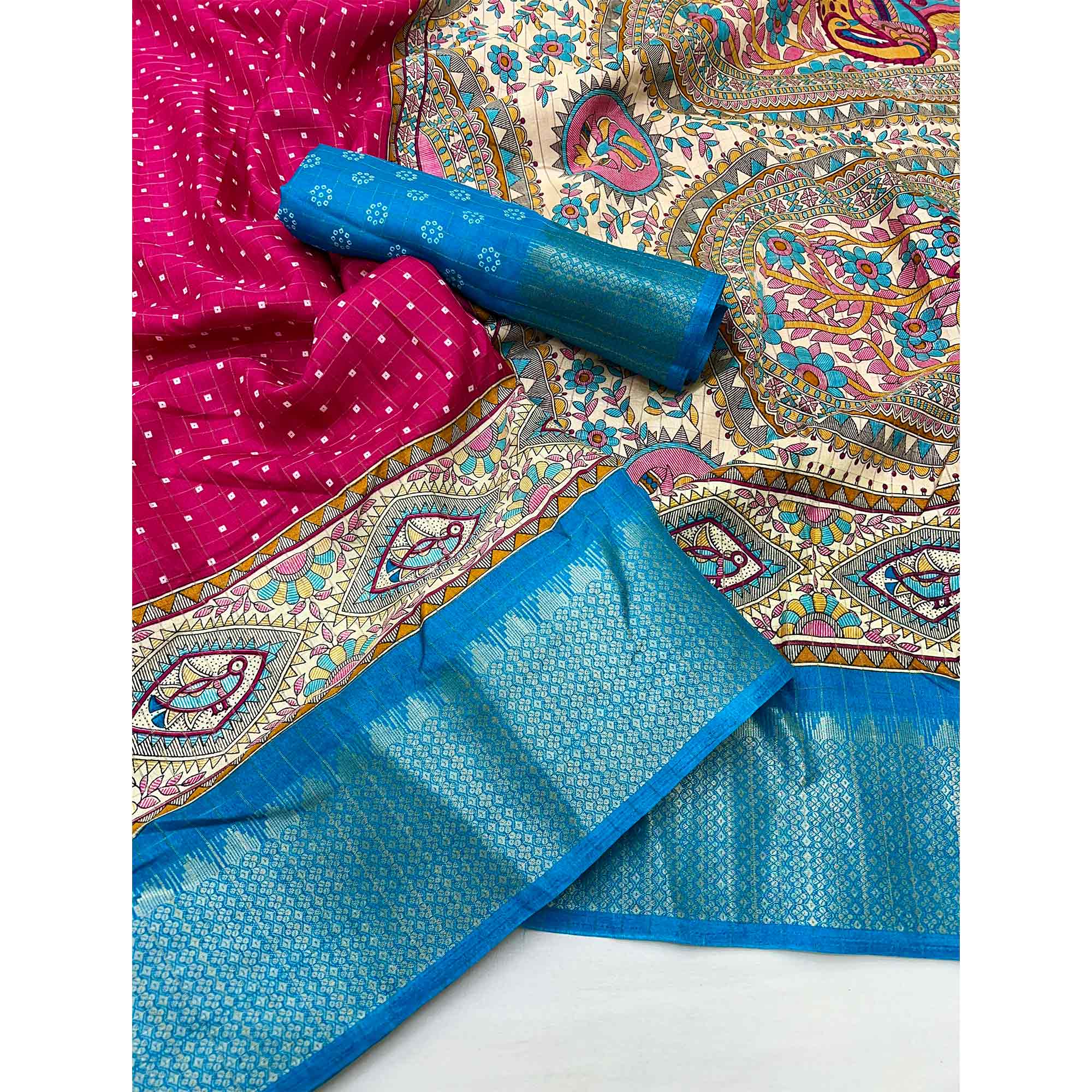 Pink Checkes Zari Woven With Floral Printed Dola Silk Saree