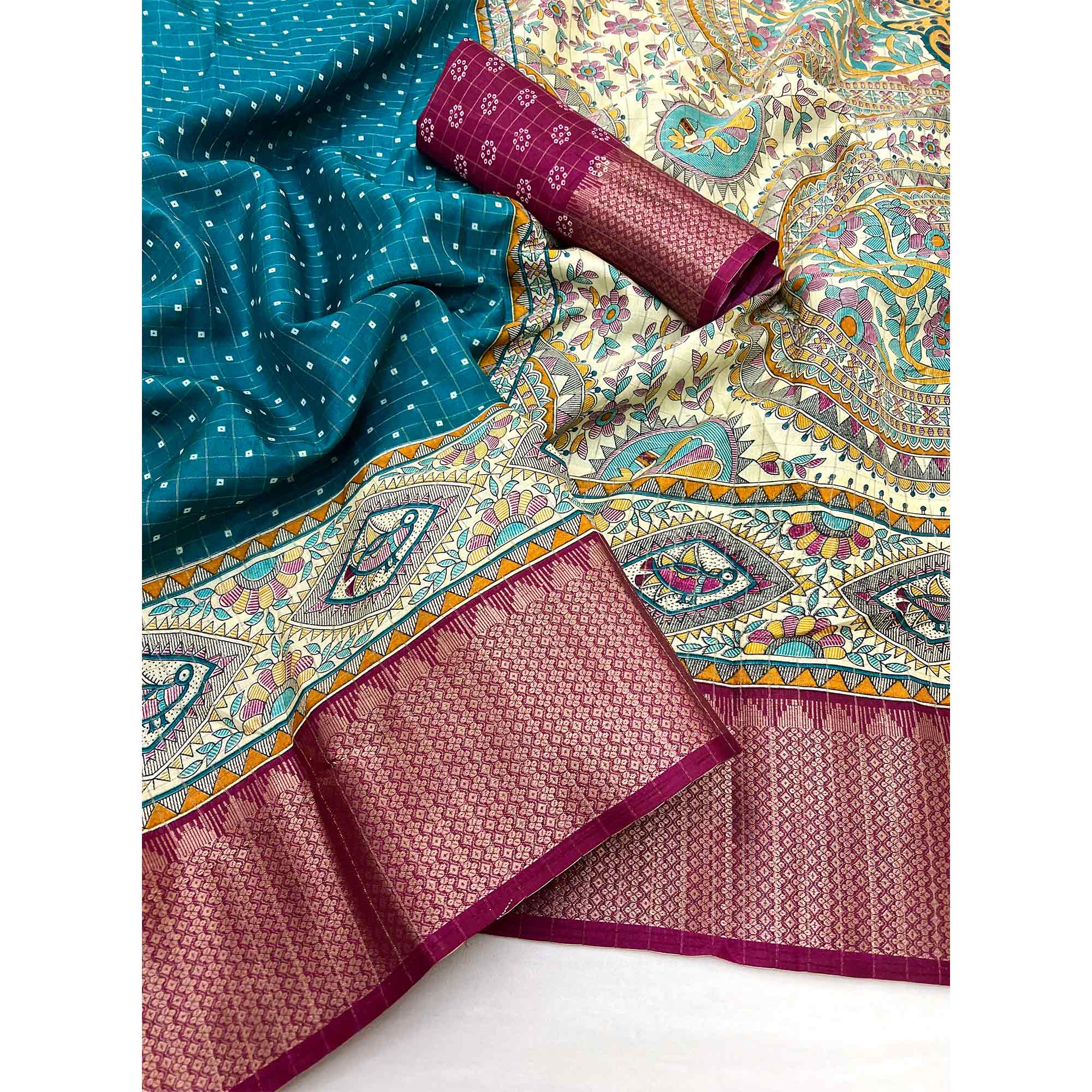 Teal Checkes Zari Woven With Floral Printed Dola Silk Saree