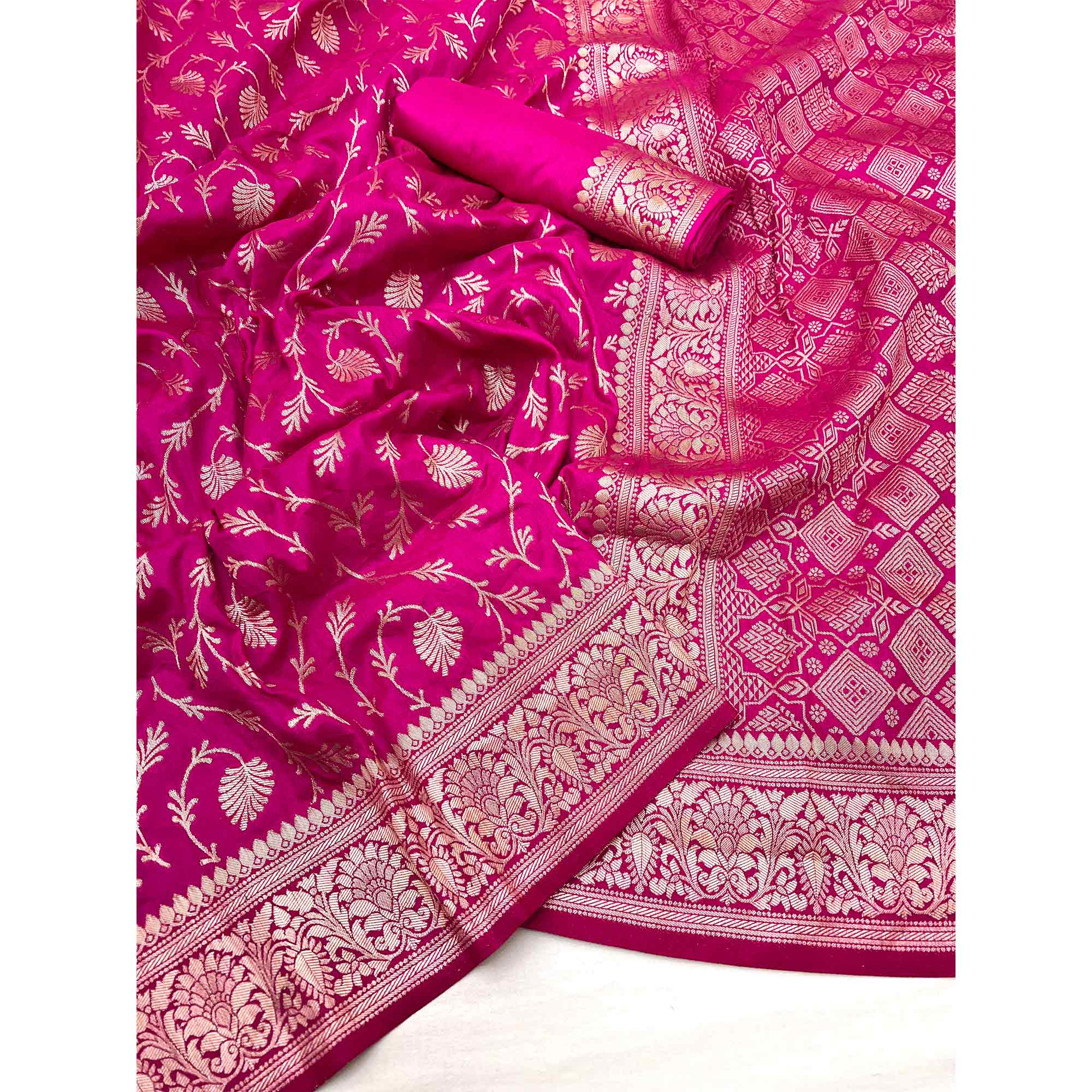 Rani Pink Floral Zari Woven Dola Silk Saree