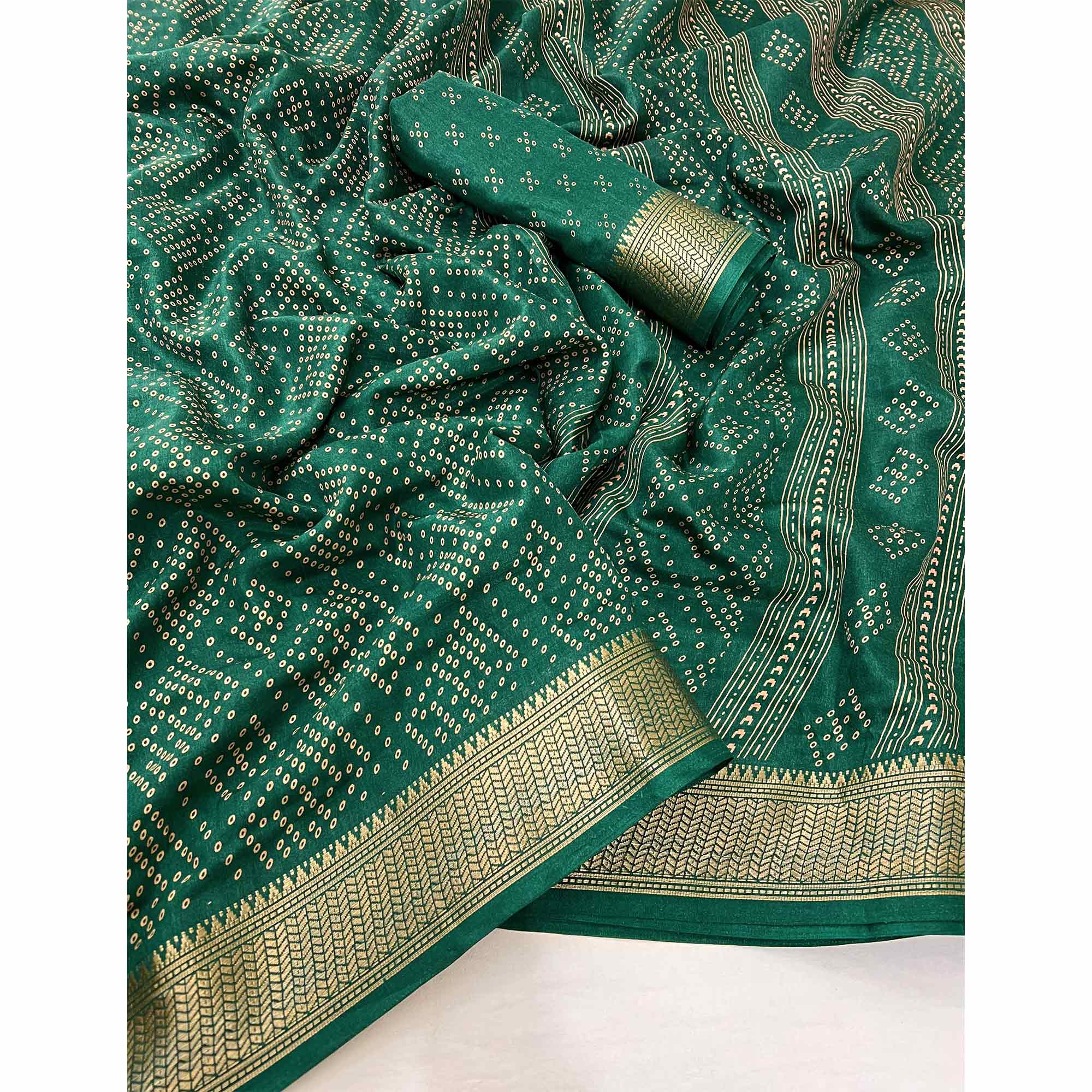 Dark Green Printed Dola Silk Saree With Jacquard Border