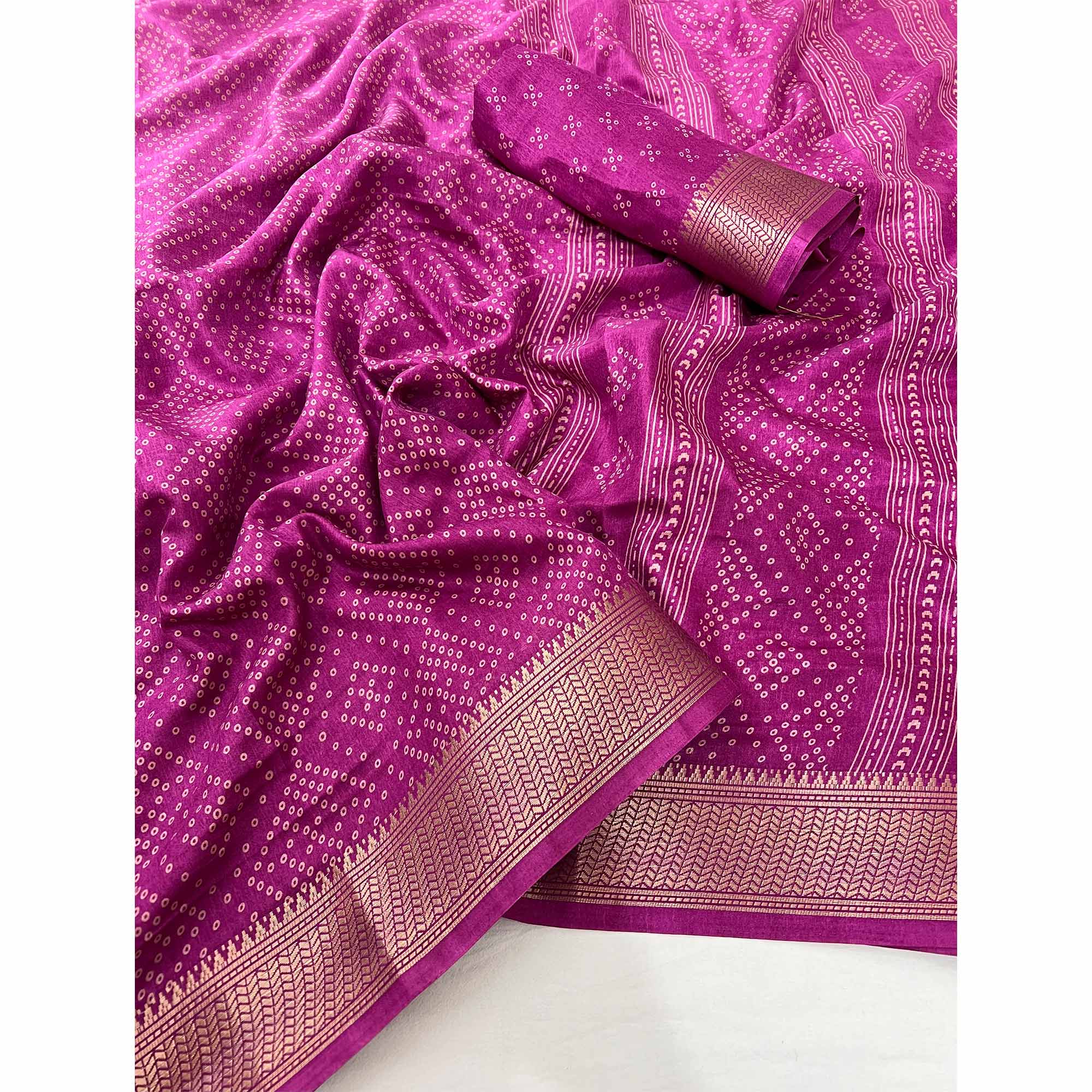 Magenta Printed Dola Silk Saree With Jacquard Border