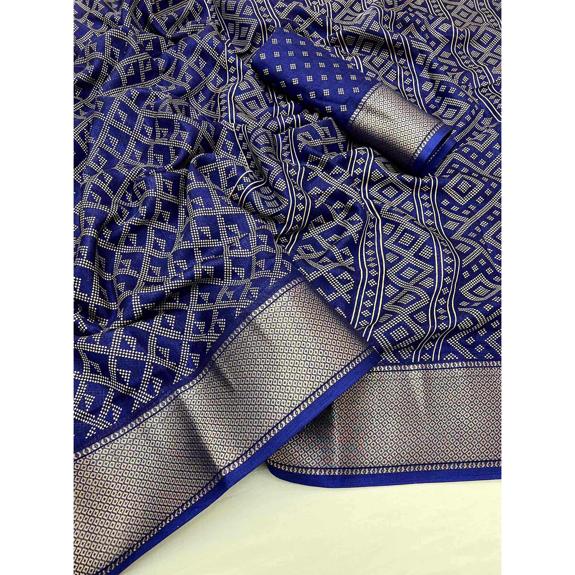 Navy Blue Printed Dola Silk Saree With Jacquard Border