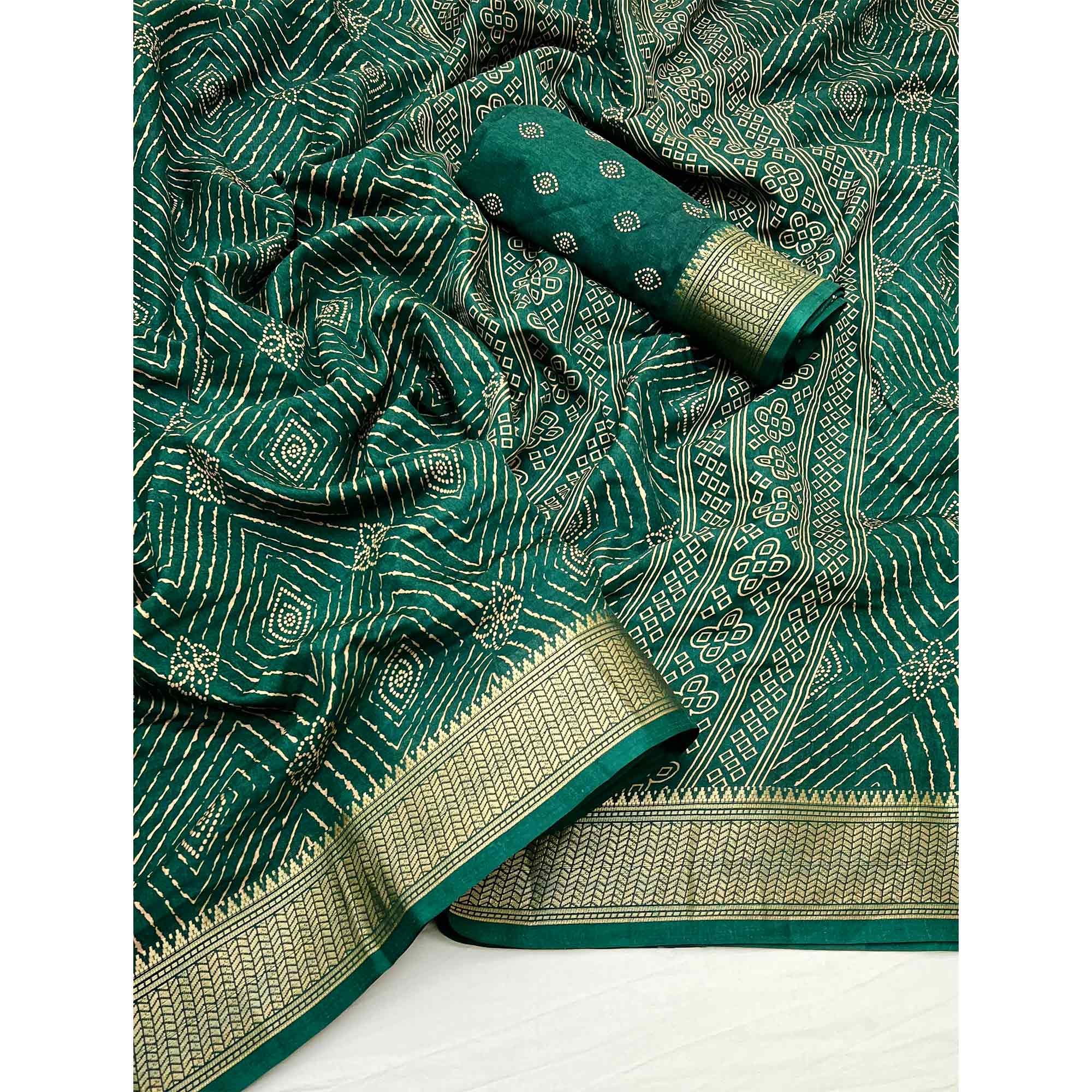 Green Geometric Printed Dola Silk Saree With Jacquard Border