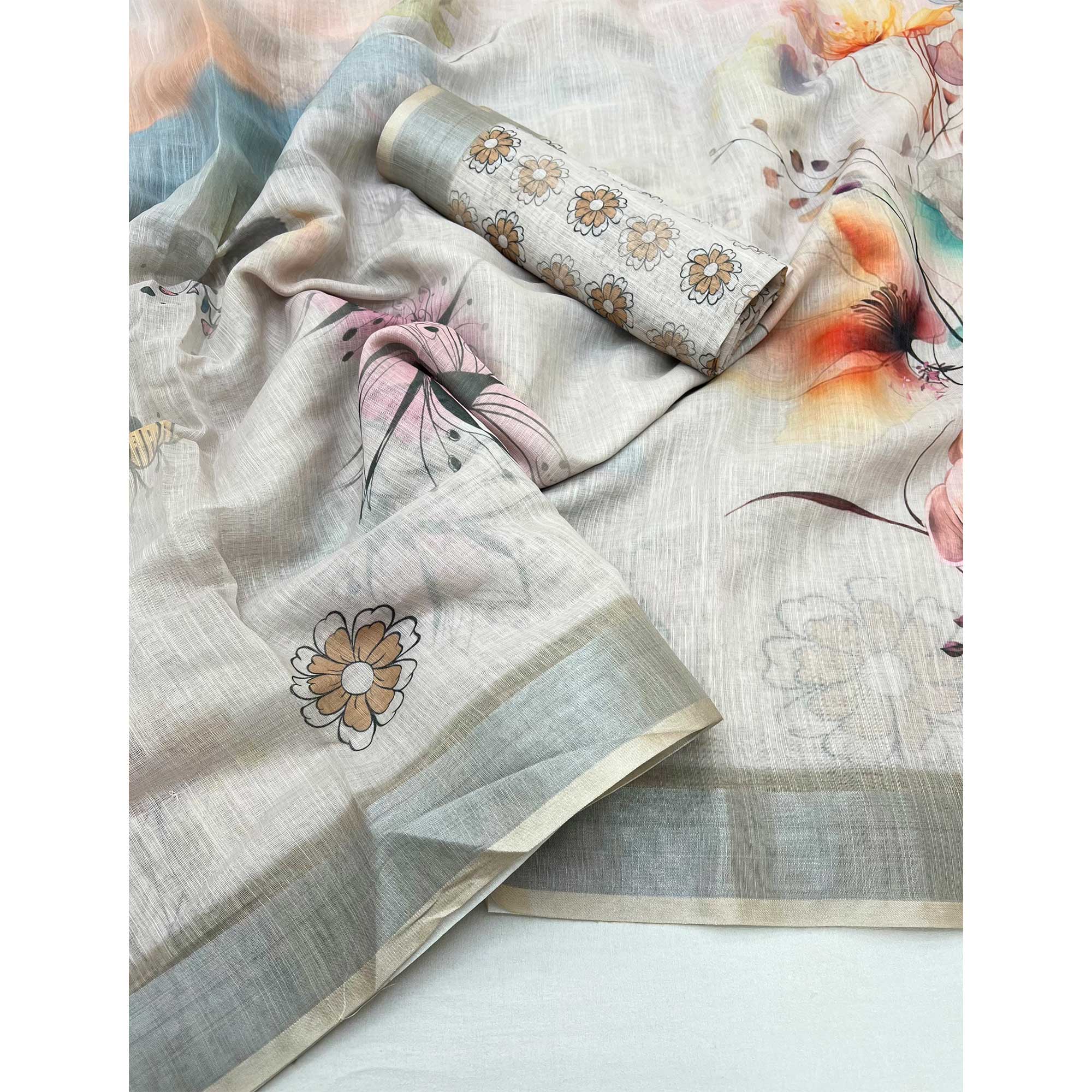 Soft Beige Floral Digital Printed Linen Saree With Zari Border