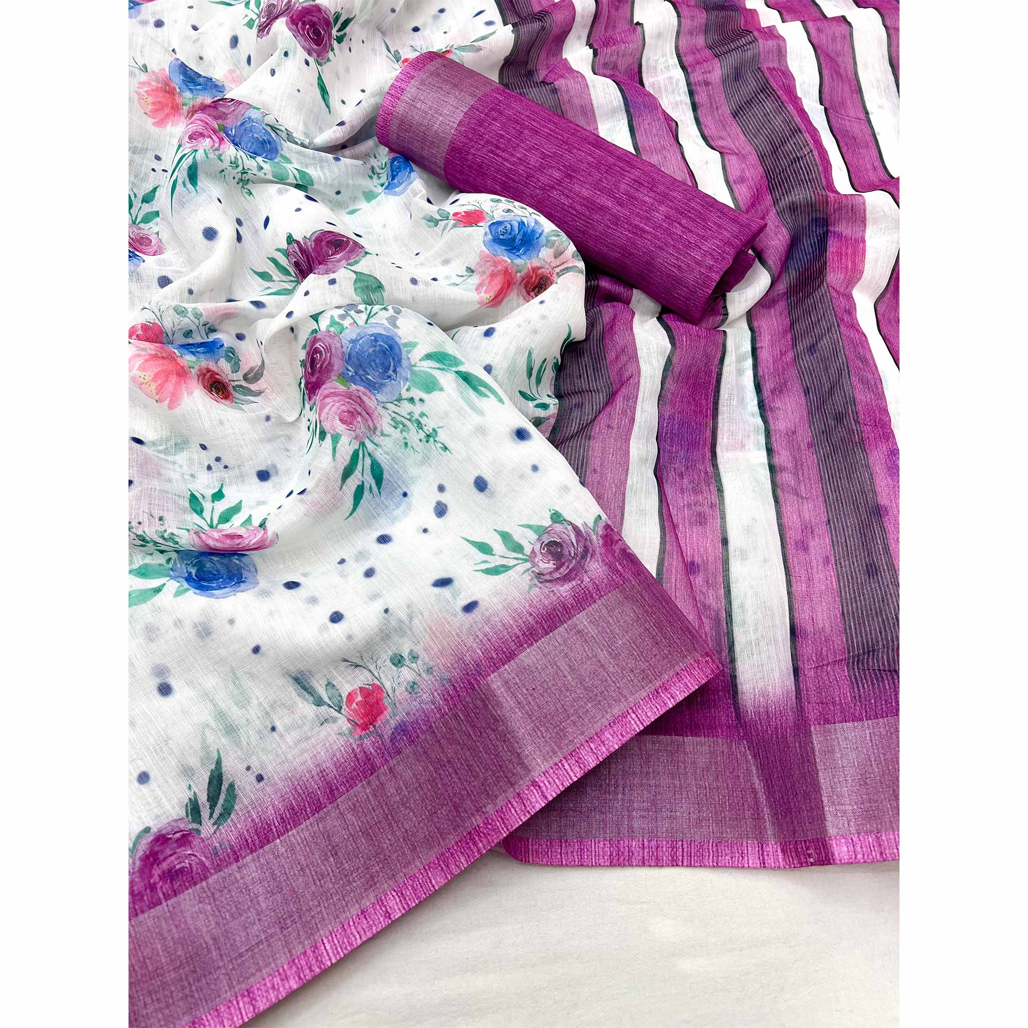 White & Purple Floral Digital Printed Linen Saree With Zari Border