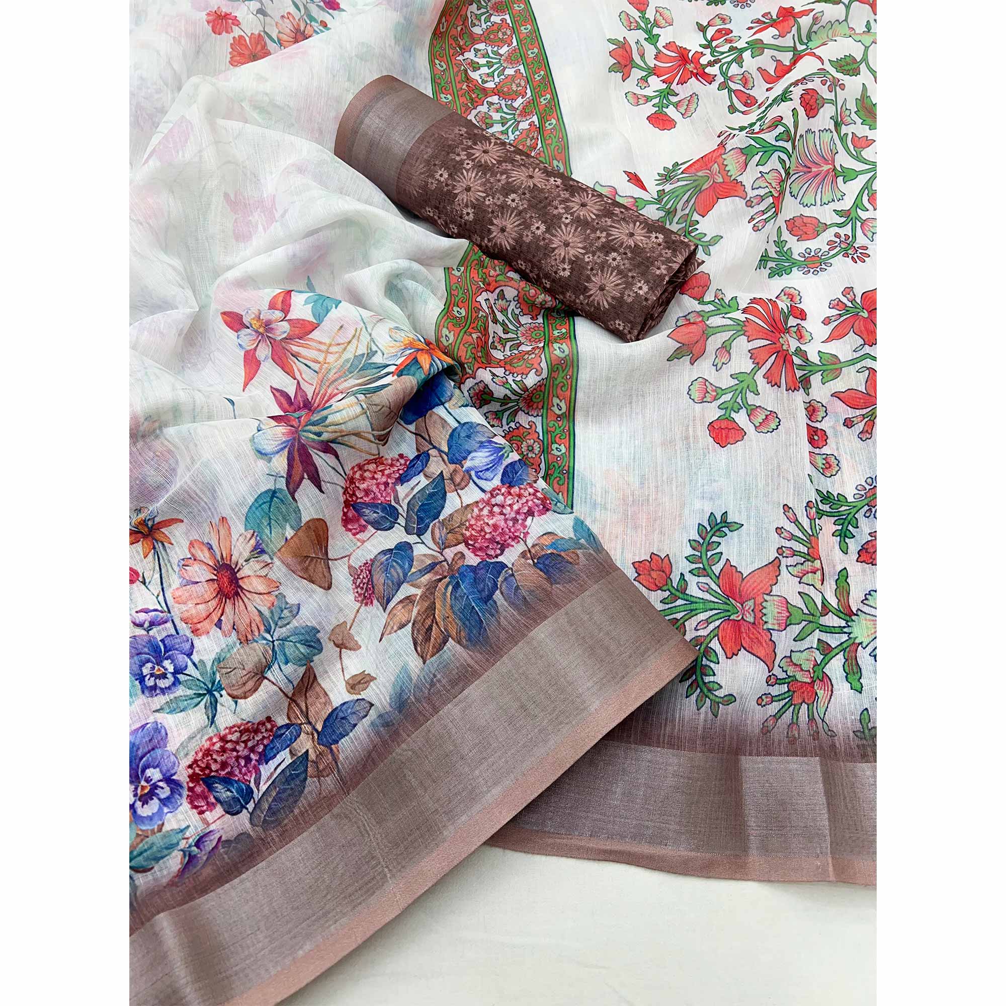 White & Brown Floral Digital Printed Linen Saree With Zari Border