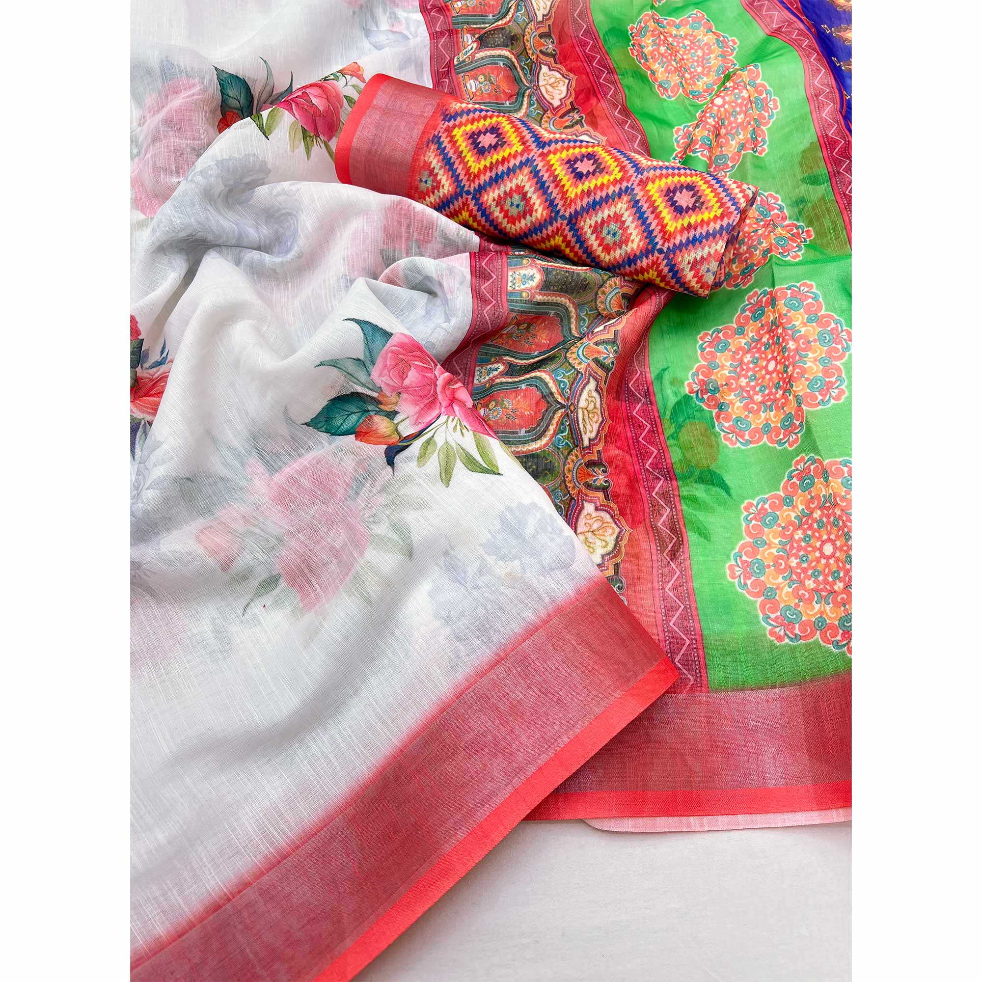 White & Red Floral Digital Printed Linen Saree With Zari Border