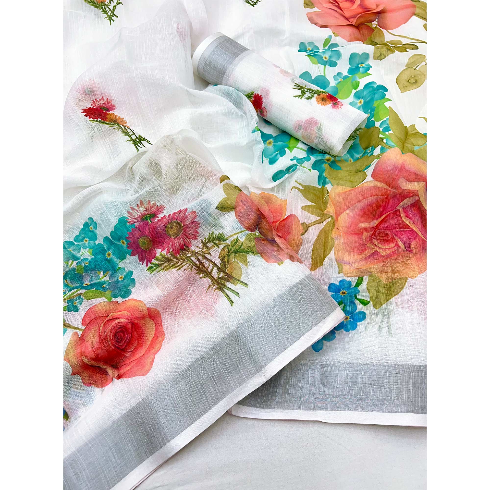 White & Grey Floral Digital Printed Linen Saree With Zari Border