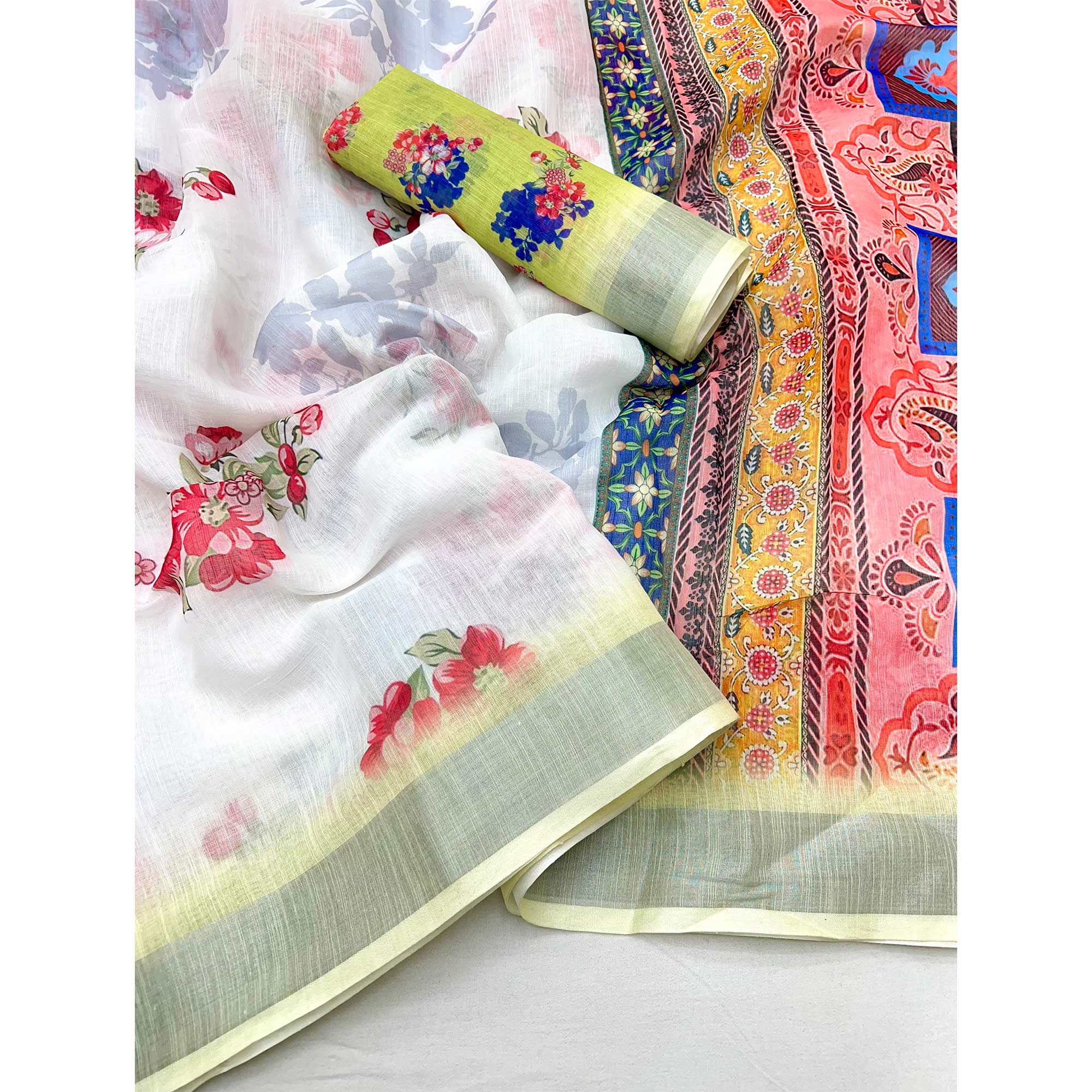 White & Light Yellow Floral Digital Printed Linen Saree With Zari Border