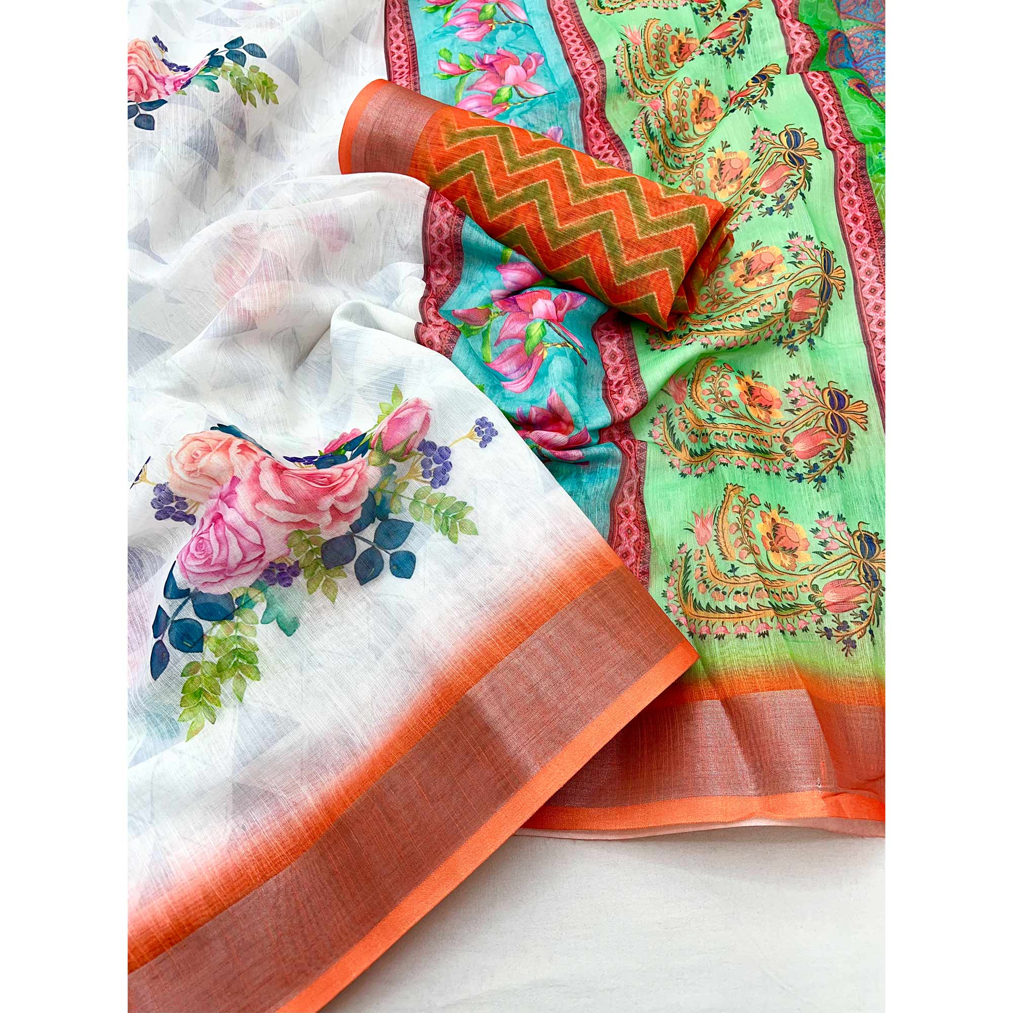 White & Orange Floral Digital Printed Linen Saree With Zari Border