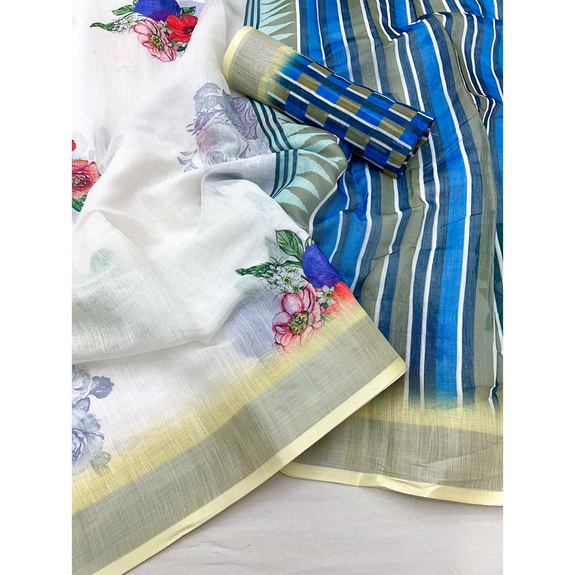 White & Light Yellow Floral Digital Printed Linen Saree With Zari Border